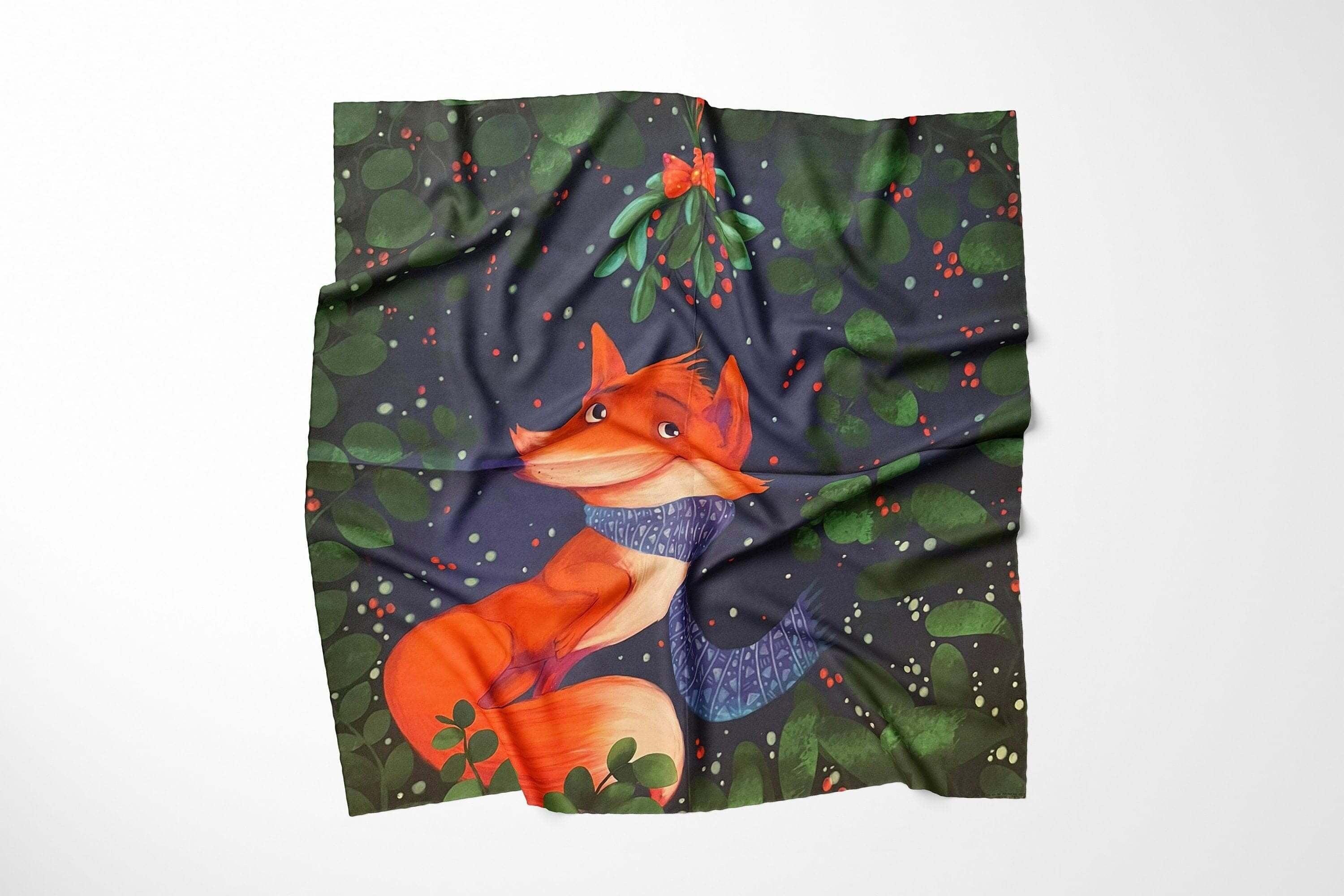 Unique Animal Pattern Satin Scarf, Best Gift for Women, Fox Pattern Head Scarf, Dark Blue Green Orange Neck Scarf, Special Design Hair Scarf available at Moyoni Design