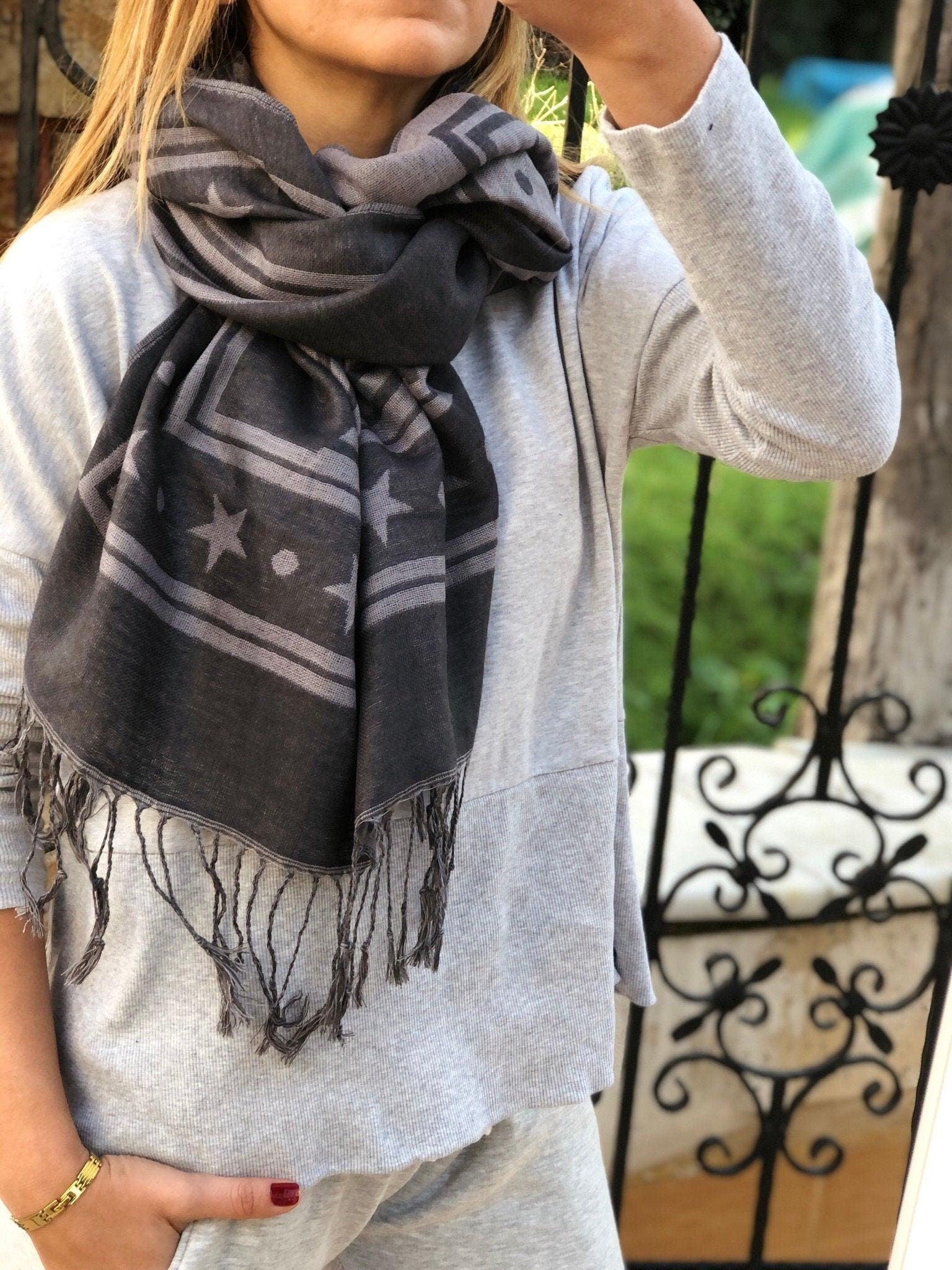 Luxurious Anthracite Gray Acrylic Cotton Scarf - Large Rectangle Scarf with Geometric and Star Pattern - Perfect Gift for Mum available at Moyoni Design