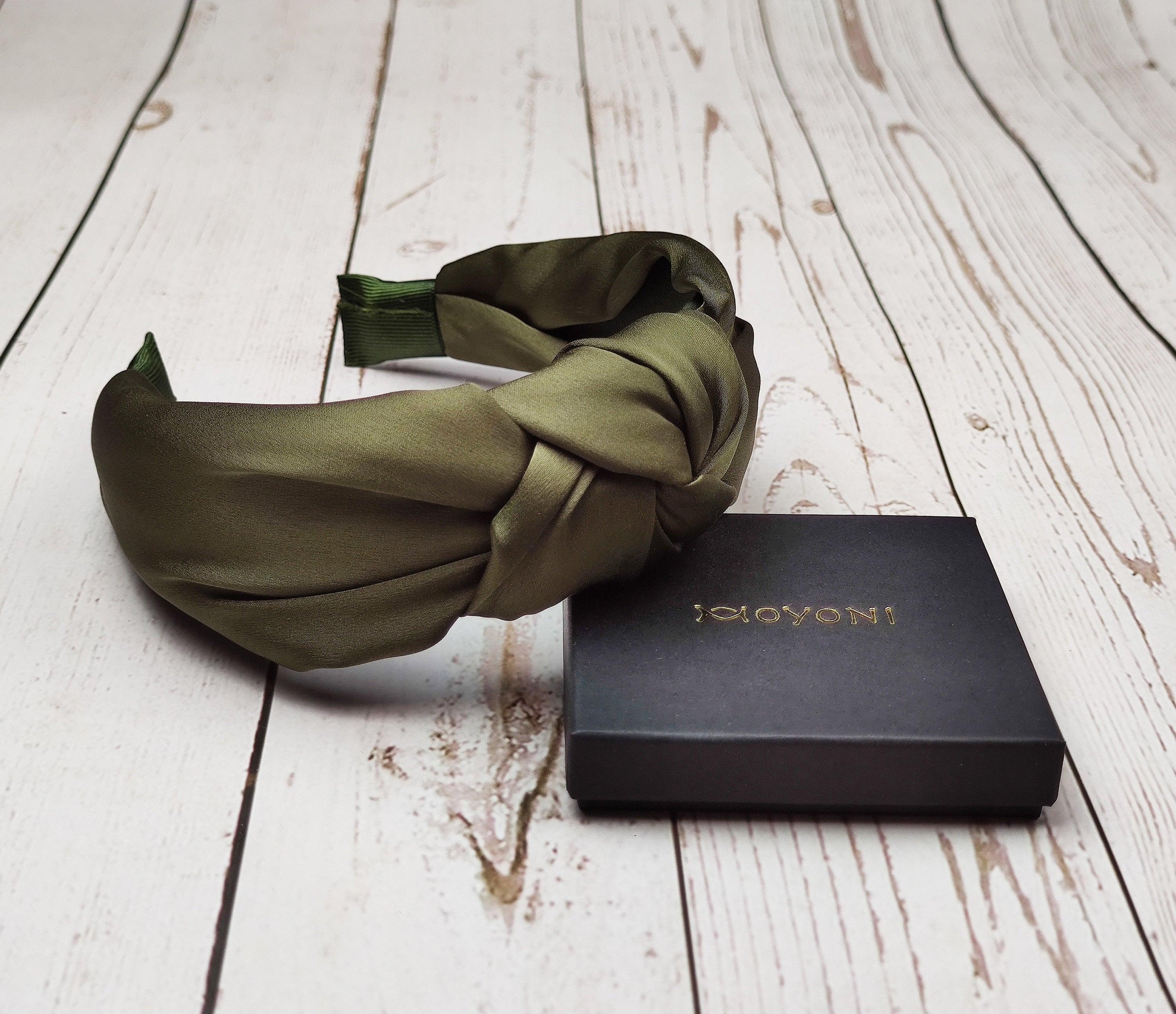 Beautiful Army Green Satin Knotted Headband - Stylish Women's Twist Headband in Khaki Green - Wide Padded Hairband for Fashionable Look available at Moyoni Design