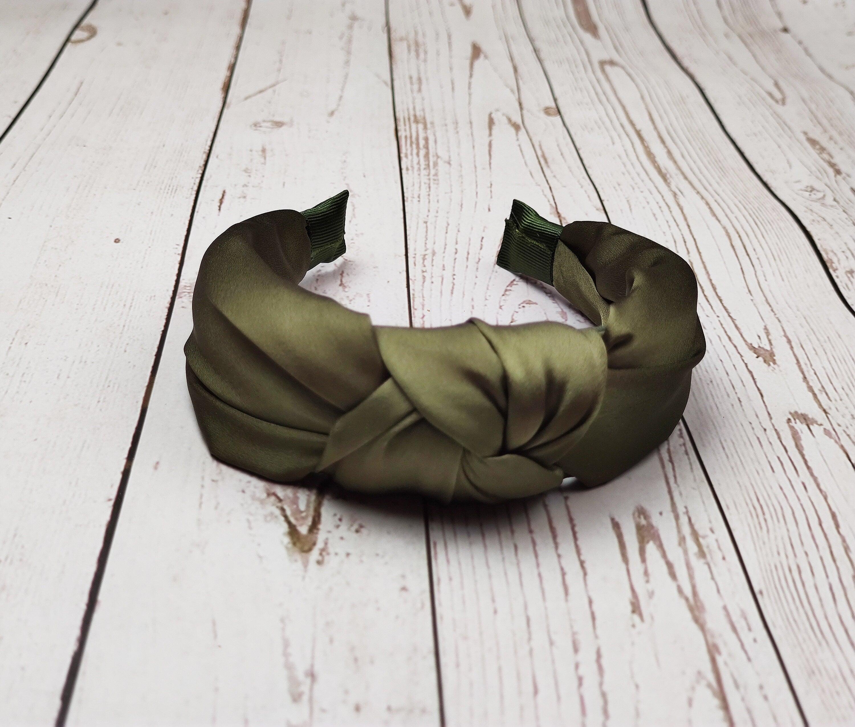 Unique Army Green Satin Knotted Headband - Stylish Women's Twist Headband in Khaki Green - Wide Padded Hairband for Fashionable Look available at Moyoni Design