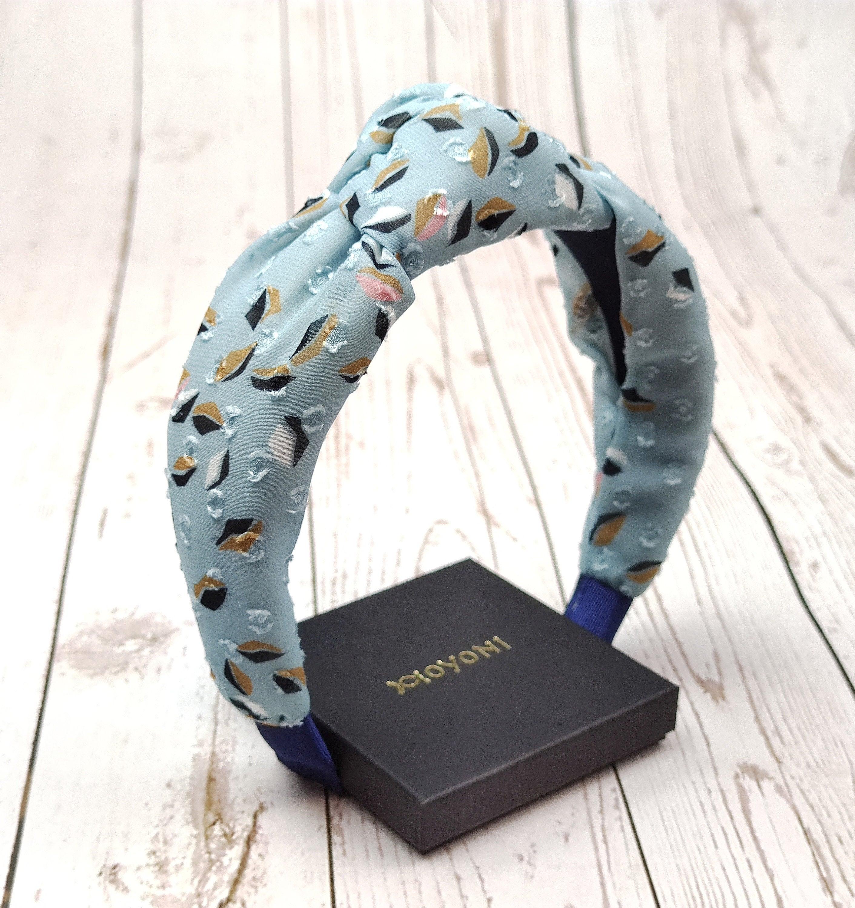 Premium Baby Blue Geometric Pattern Headband - Fashionable Women's Classic Hairband with Cloud Blue Padding and Wide Design available at Moyoni Design