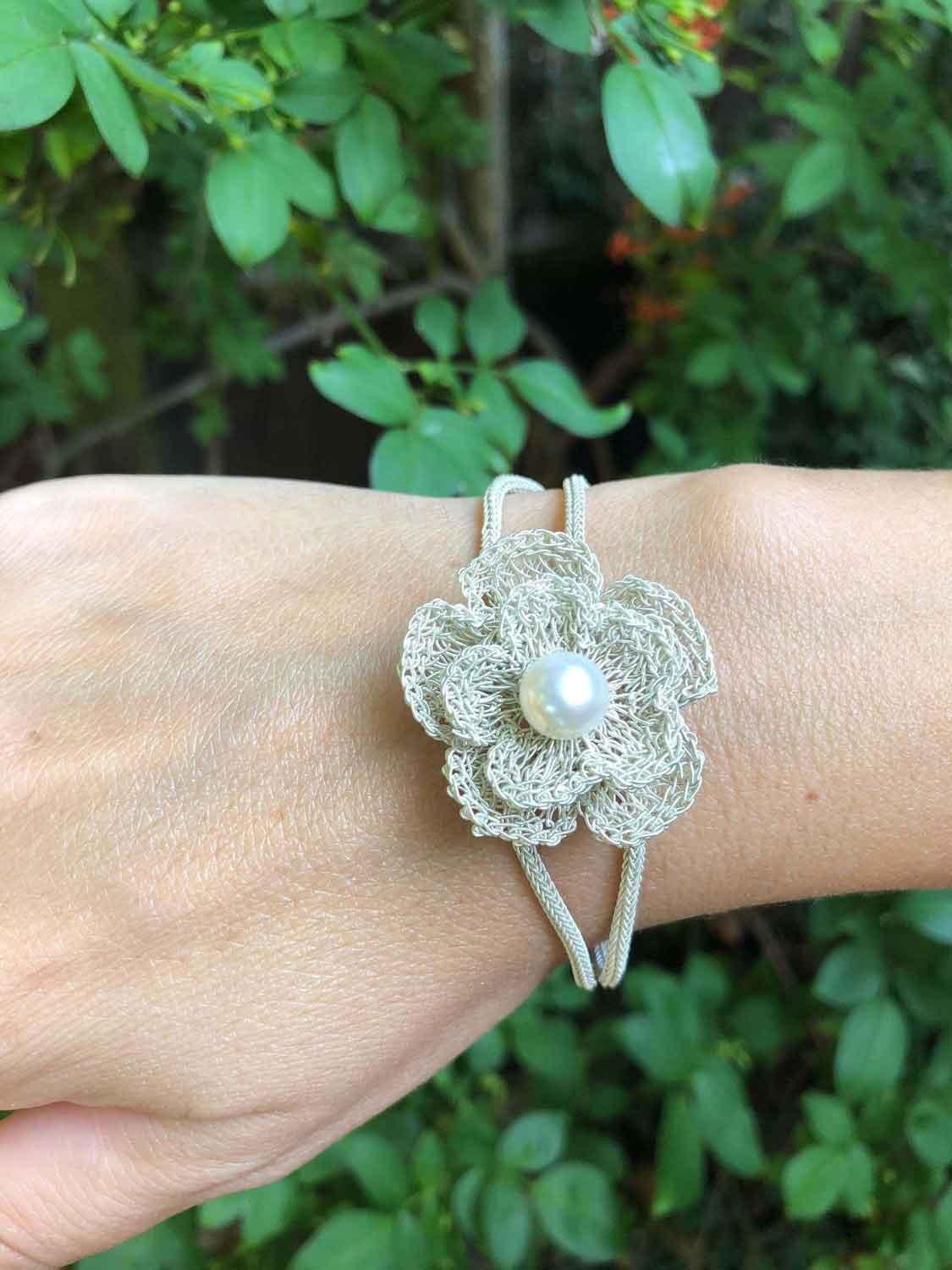 Elegant Baroque Pearl, Silver Flower Chain Bracelet, Wedding Gift for Women available at Moyoni Design