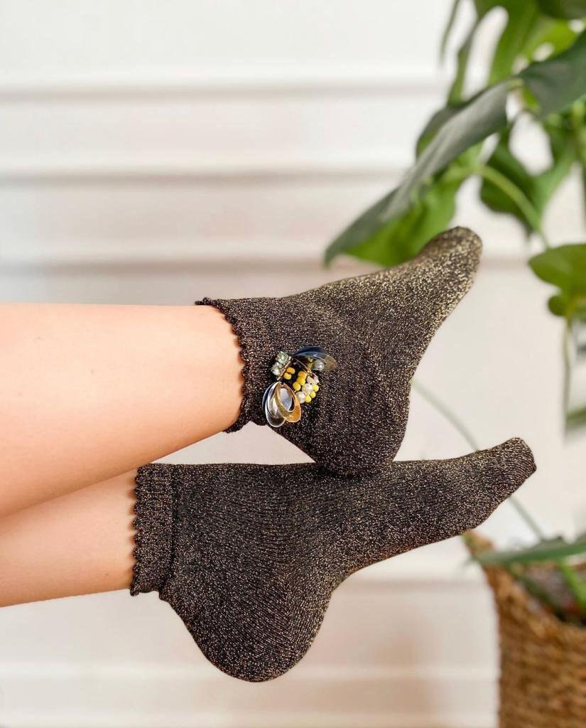 Premium Bee Stone Handmade Cotton Socks - Gold & Black Embellished Novelty Mesh Socks with Sheer Sparkle Accents available at Moyoni Design