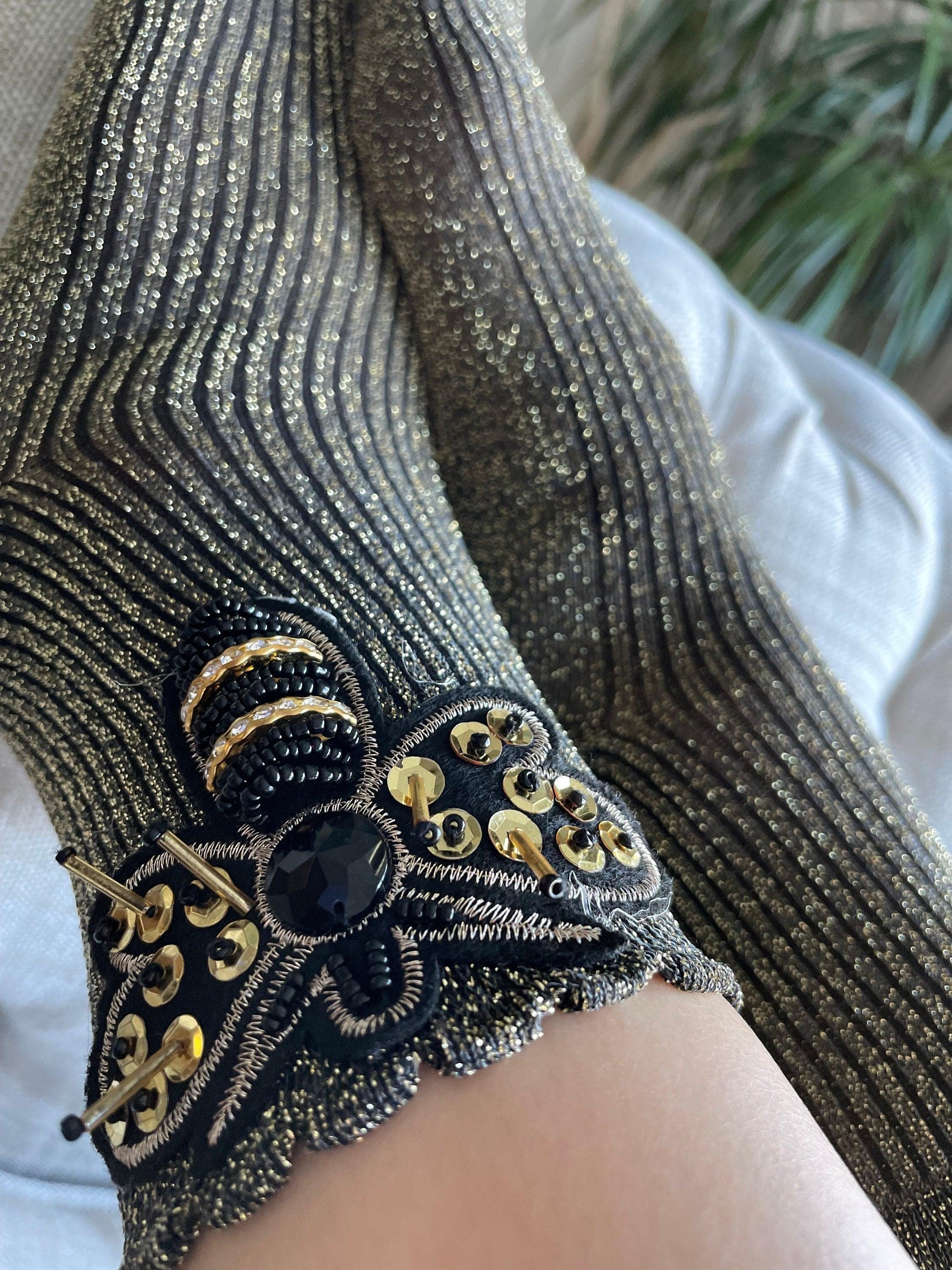 Trendy Big Bee Stone Handmade Cotton Socks - Gold and Black Embellished Mesh Socks with Cute Novelty Stone Detail available at Moyoni Design