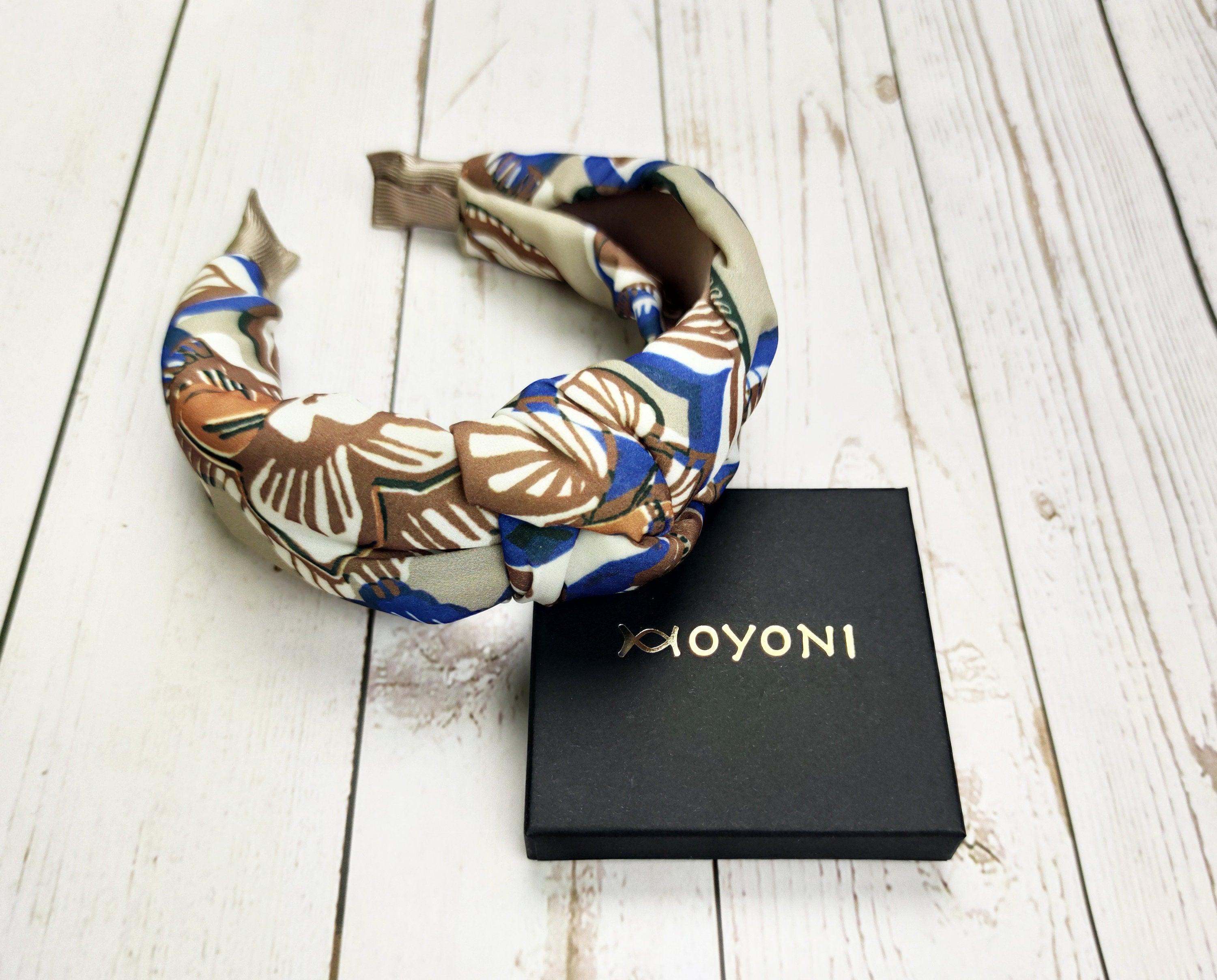 High-Quality Blue Brown Beige Leaf Pattern Knotted Headband - Stylish and Wide Women's Hairband in Viscose Crepe available at Moyoni Design