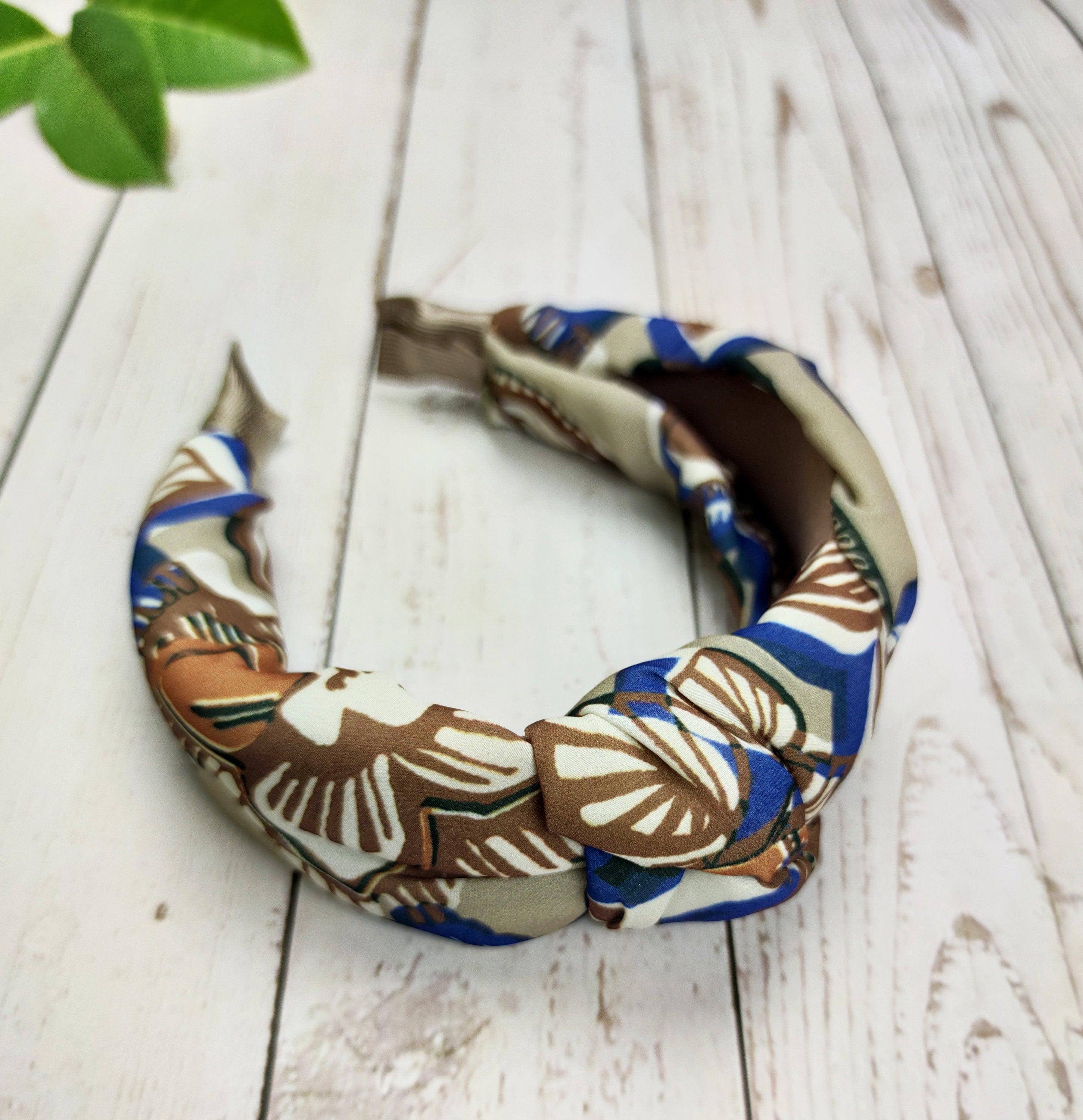 Handcrafted Blue Brown Beige Leaf Pattern Knotted Headband - Stylish and Wide Women's Hairband in Viscose Crepe available at Moyoni Design