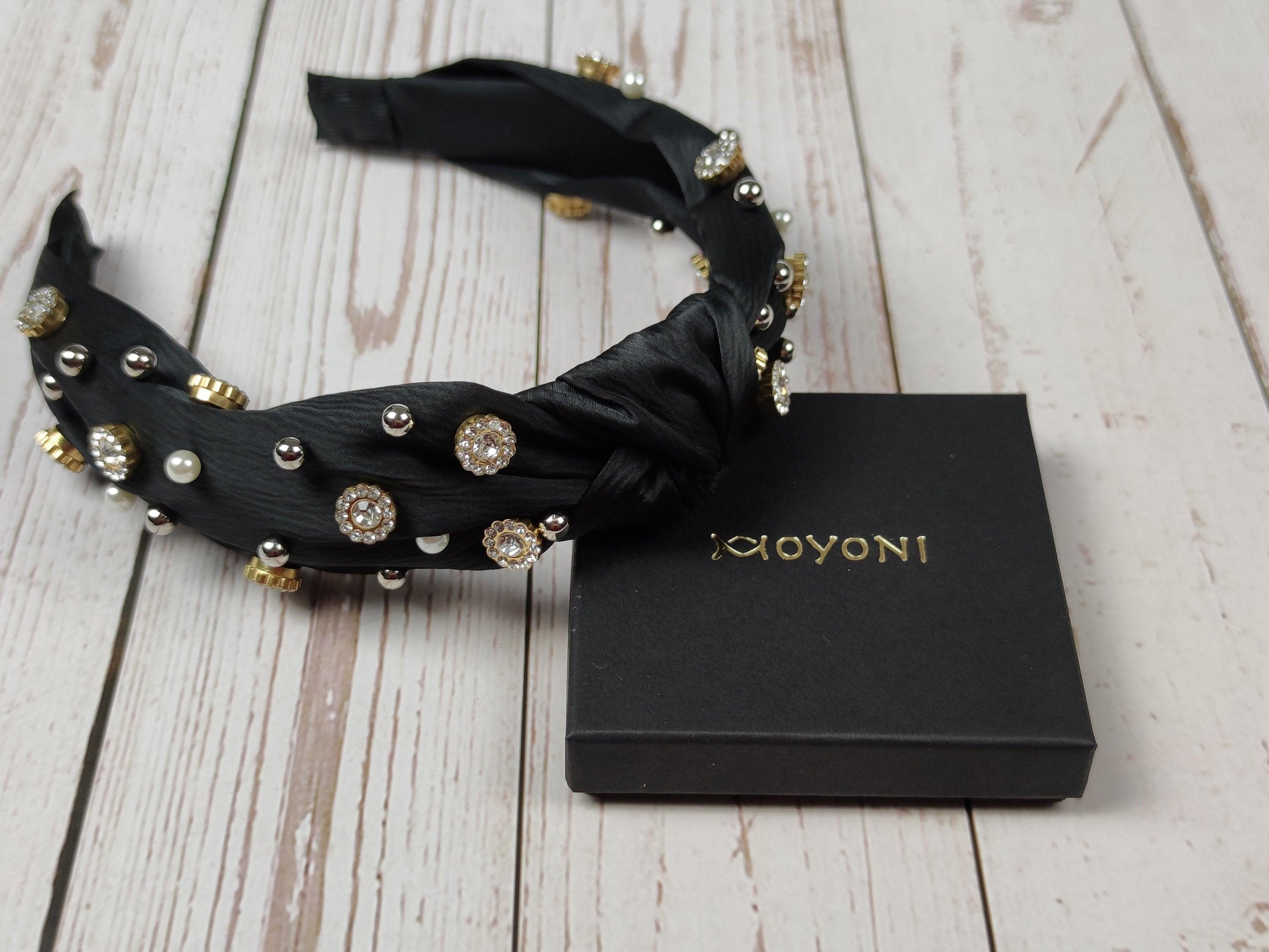 Trendy Boho Chic Black Satin Headband with Gemstone and Pearl Accent - Handmade Knot Design without Padding available at Moyoni Design