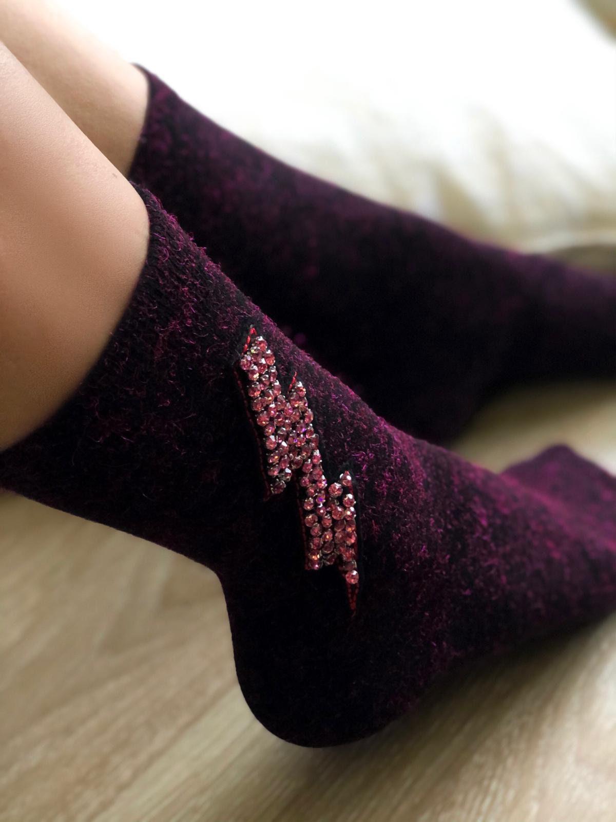 Charming Burgundy Handmade Electric Effect Socks with Dark Pink Embellishments and Pink Crystals - Trendy and Sparkling Cute Socks available at Moyoni Design