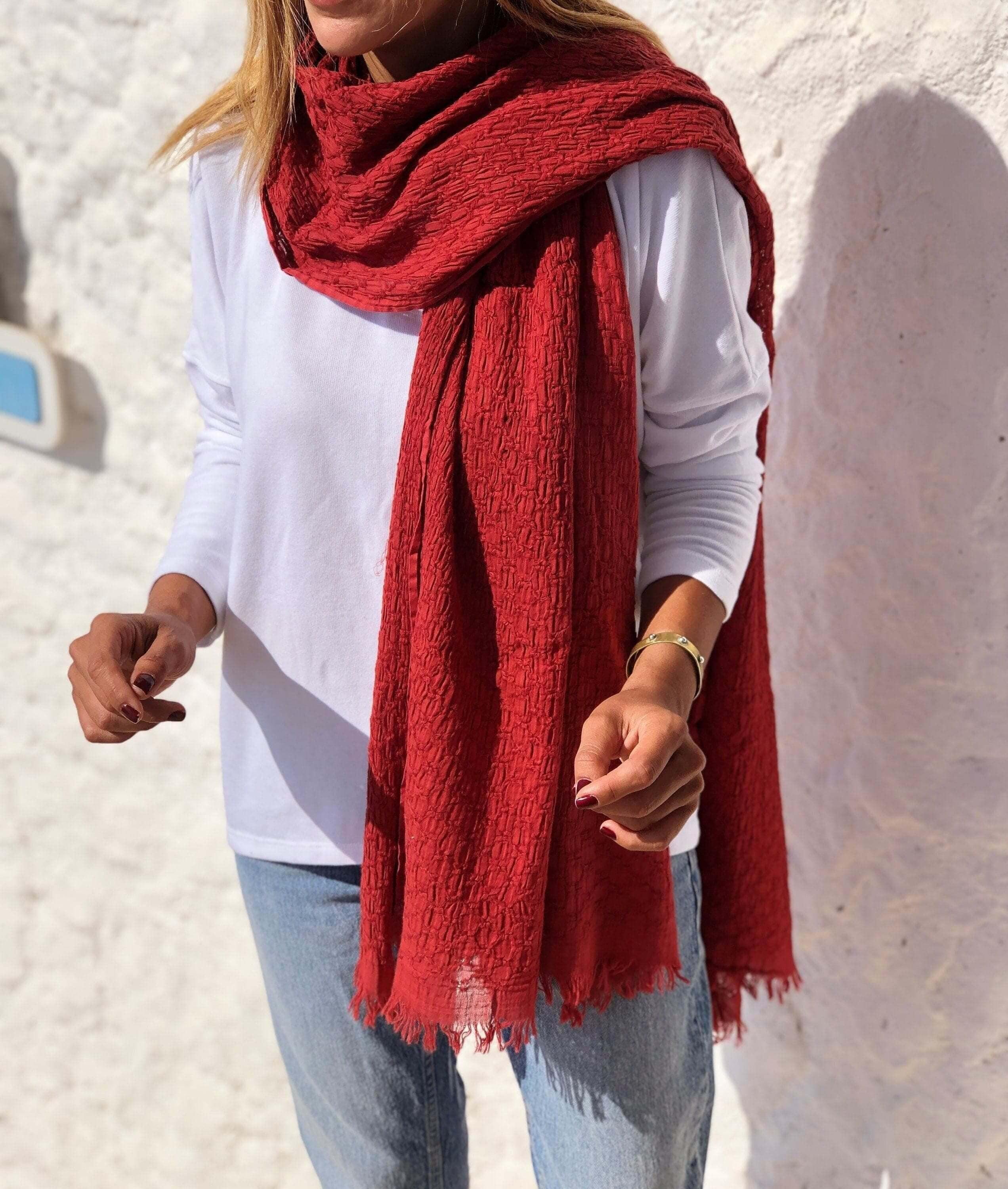 Unique Burgundy Organic Cotton Scarf - 100% Eco-Friendly Rectangle Scarf for Her available at Moyoni Design