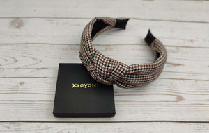 Beautiful Chic White, Brown and Black Knotted Headband with Plaid Pattern for Women - Perfect for College! available at Moyoni Design