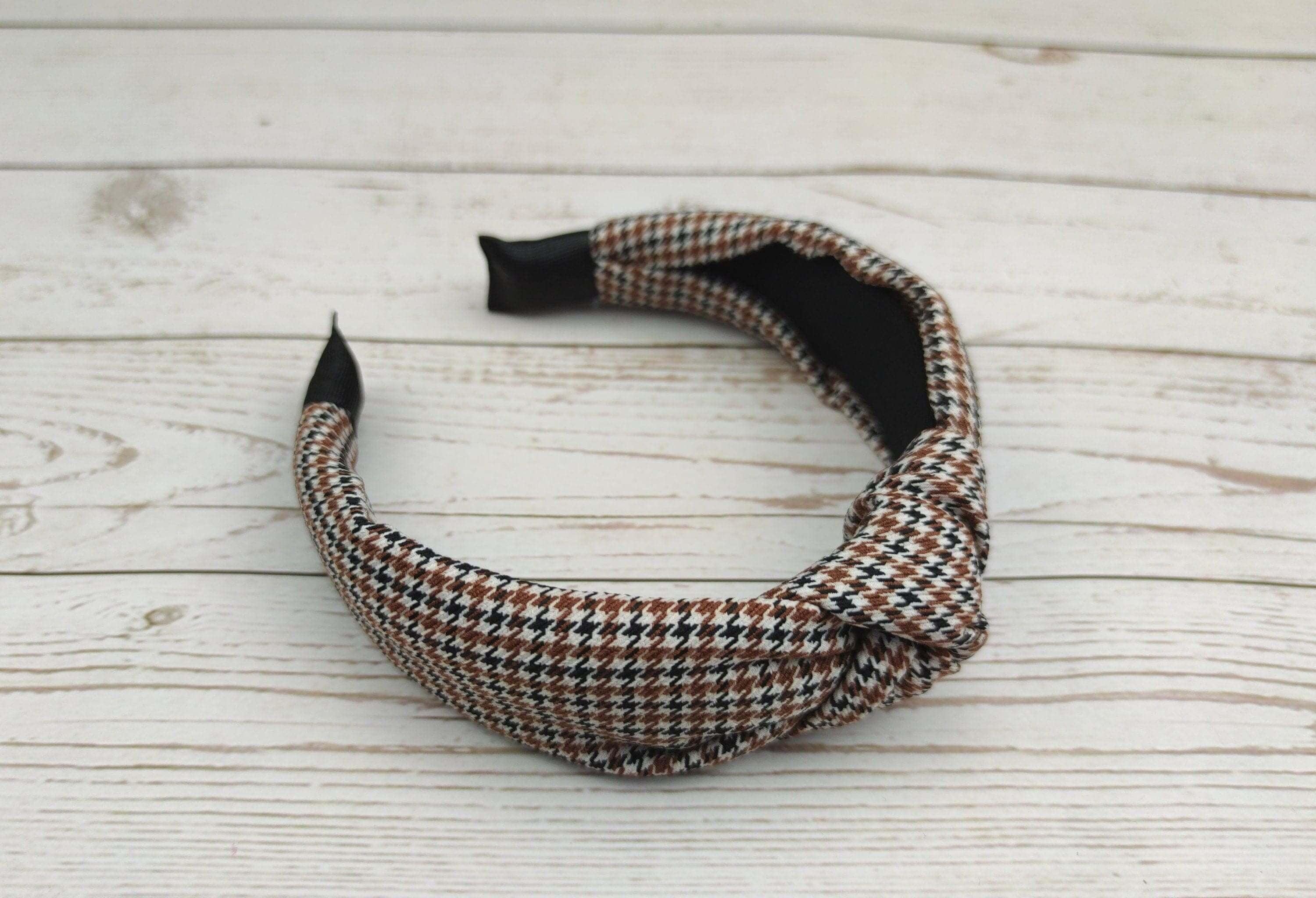Charming Chic White, Brown and Black Knotted Headband with Plaid Pattern for Women - Perfect for College! available at Moyoni Design