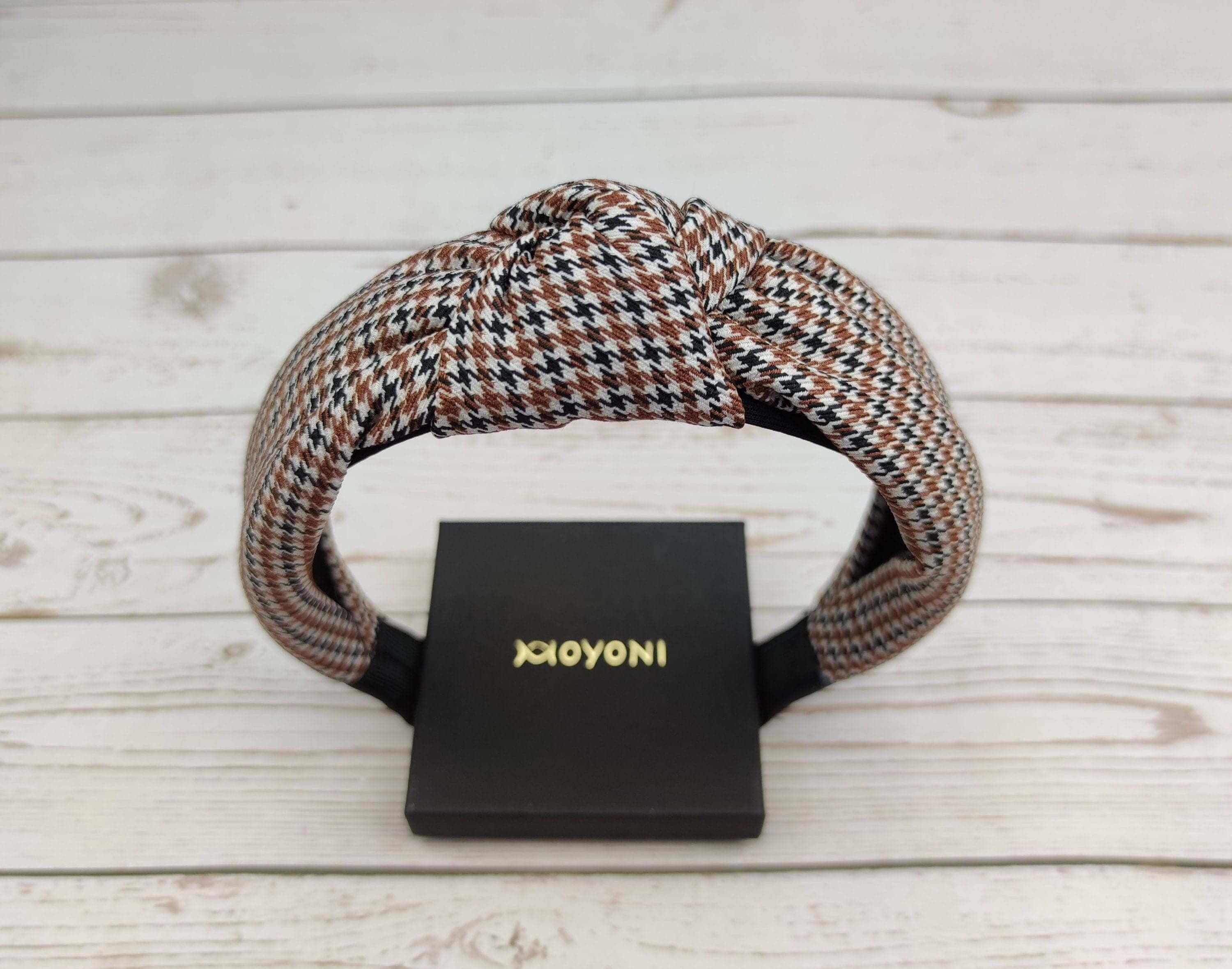Elegant Chic White, Brown and Black Knotted Headband with Plaid Pattern for Women - Perfect for College! available at Moyoni Design