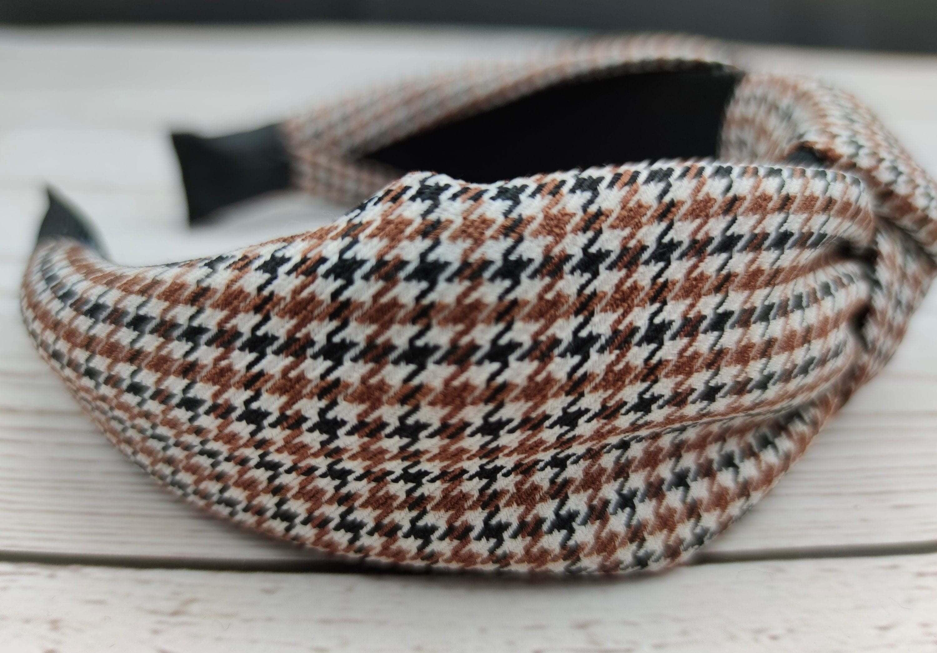 Premium Chic White, Brown and Black Knotted Headband with Plaid Pattern for Women - Perfect for College! available at Moyoni Design