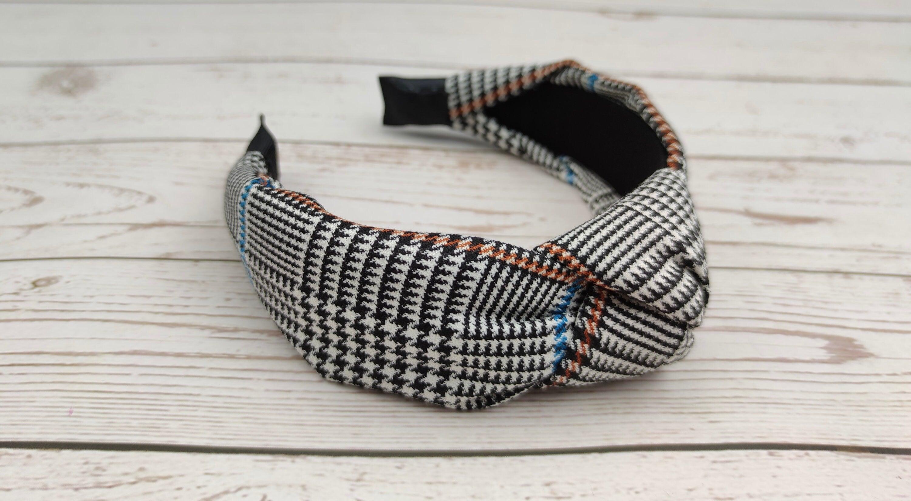High-Quality Classic Knotted Crepe Headband in White and Black, Perfect for College Fashion and Everyday Wear - Featuring Blue and Orange Stripes available at Moyoni Design