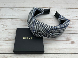Elegant Classic Knotted Headband in Crepe White and Black with Dark Blue Stripes - Fashionable Hair Accessory for Women, Perfect for College available at Moyoni Design