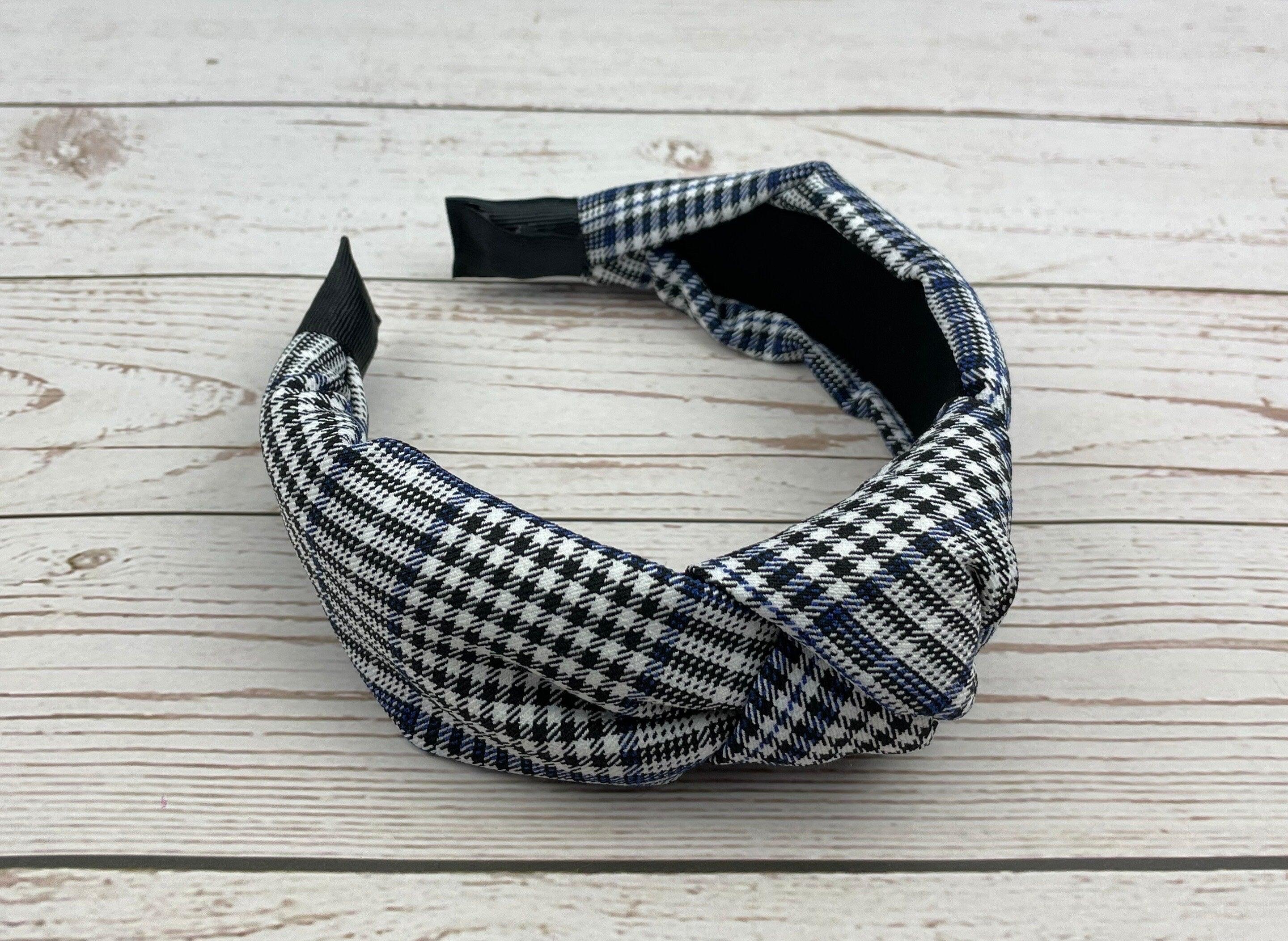 High-Quality Classic Knotted Headband in Crepe White and Black with Dark Blue Stripes - Fashionable Hair Accessory for Women, Perfect for College available at Moyoni Design