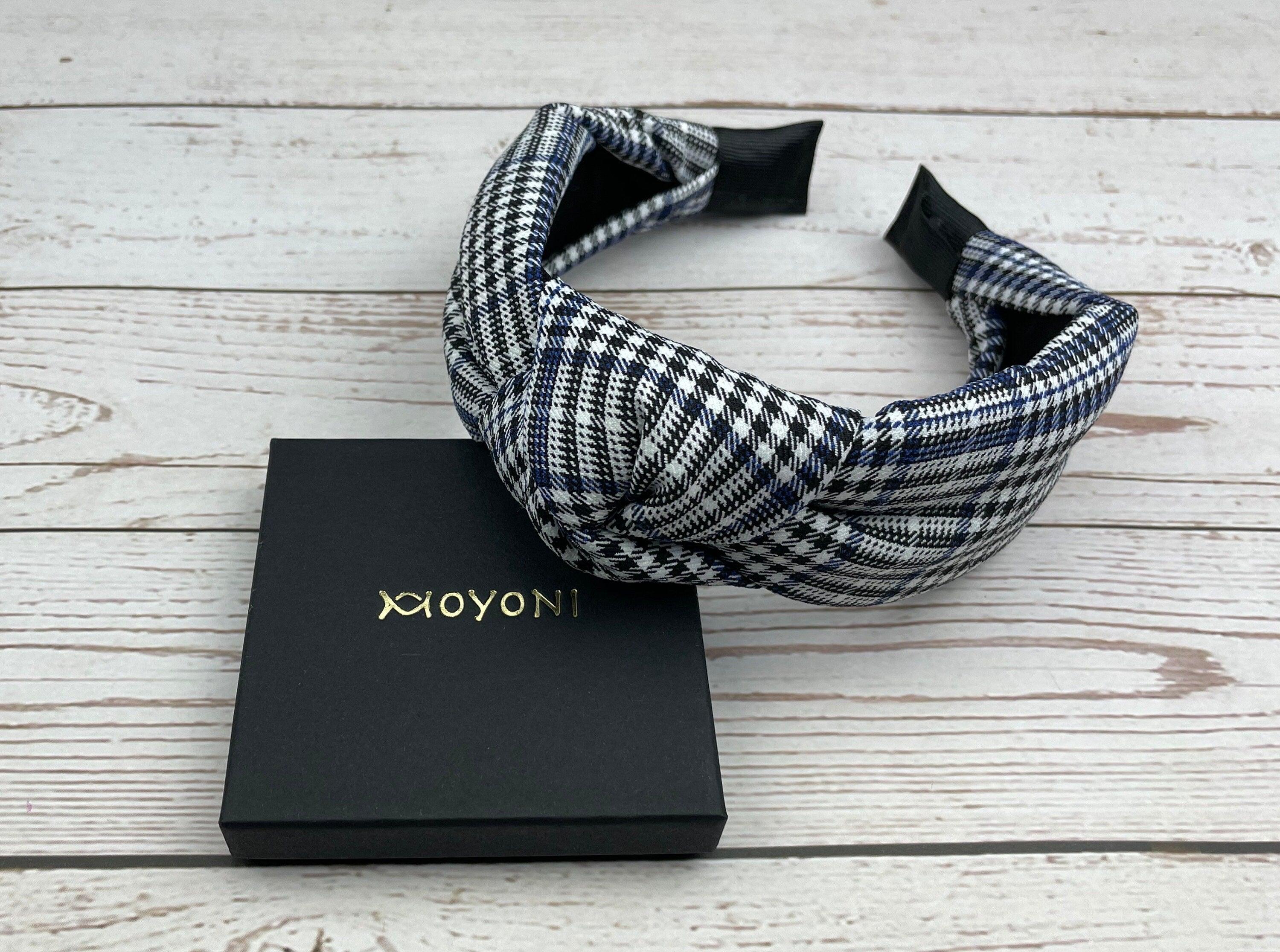 Exquisite Classic Knotted Headband in Crepe White and Black with Dark Blue Stripes - Fashionable Hair Accessory for Women, Perfect for College available at Moyoni Design