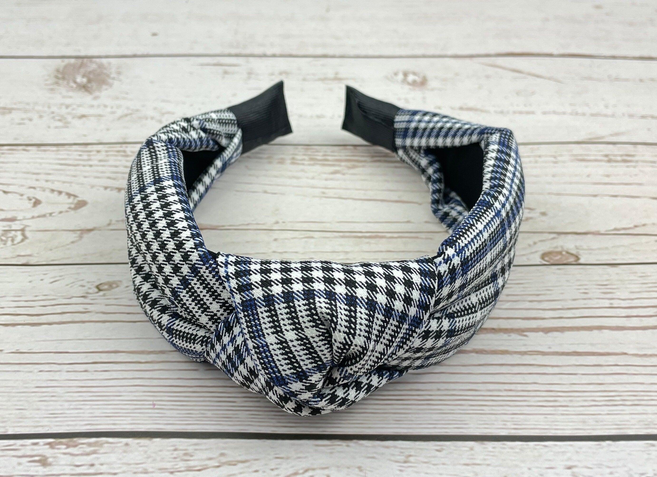 Delicate Classic Knotted Headband in Crepe White and Black with Dark Blue Stripes - Fashionable Hair Accessory for Women, Perfect for College available at Moyoni Design