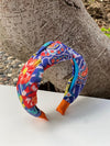 High-Quality Ethnic Pattern Knotted Headband in Blue, Pink, and Yellow - Wide and Stylish Women's Hairband with Cotton Padding available at Moyoni Design