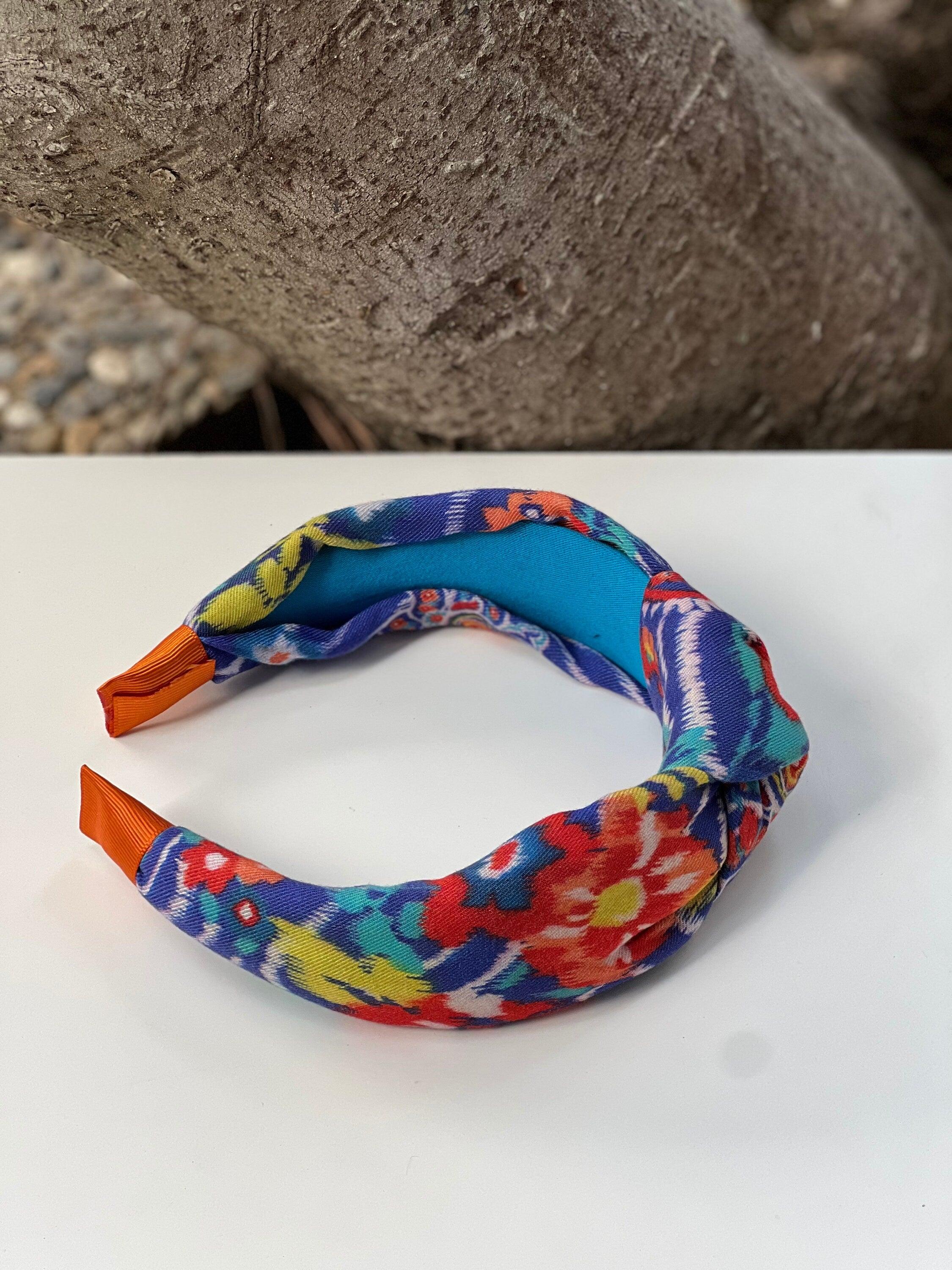 Handcrafted Ethnic Pattern Knotted Headband in Blue, Pink, and Yellow - Wide and Stylish Women's Hairband with Cotton Padding available at Moyoni Design