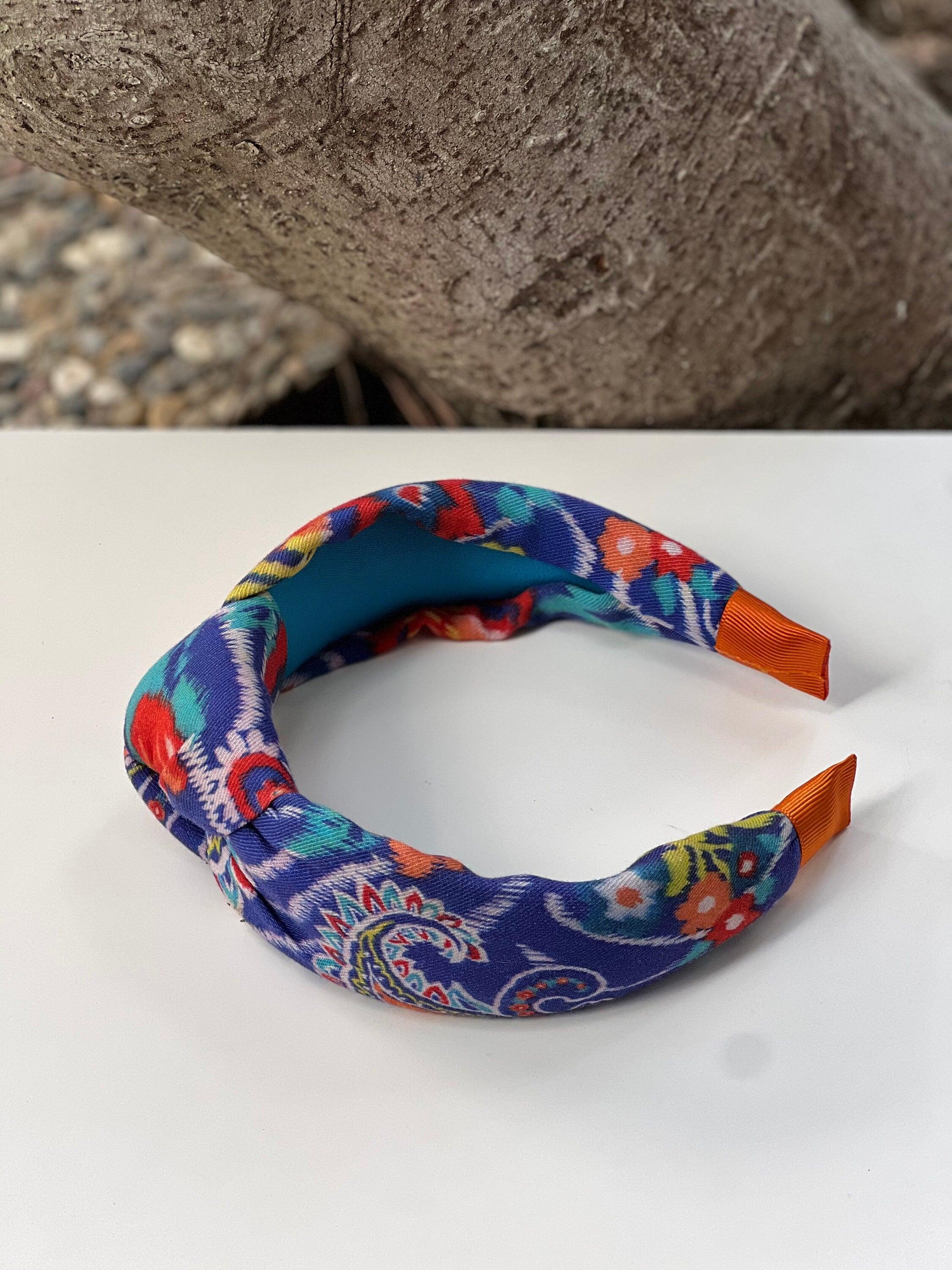 Stylish Ethnic Pattern Knotted Headband in Blue, Pink, and Yellow - Wide and Stylish Women's Hairband with Cotton Padding available at Moyoni Design