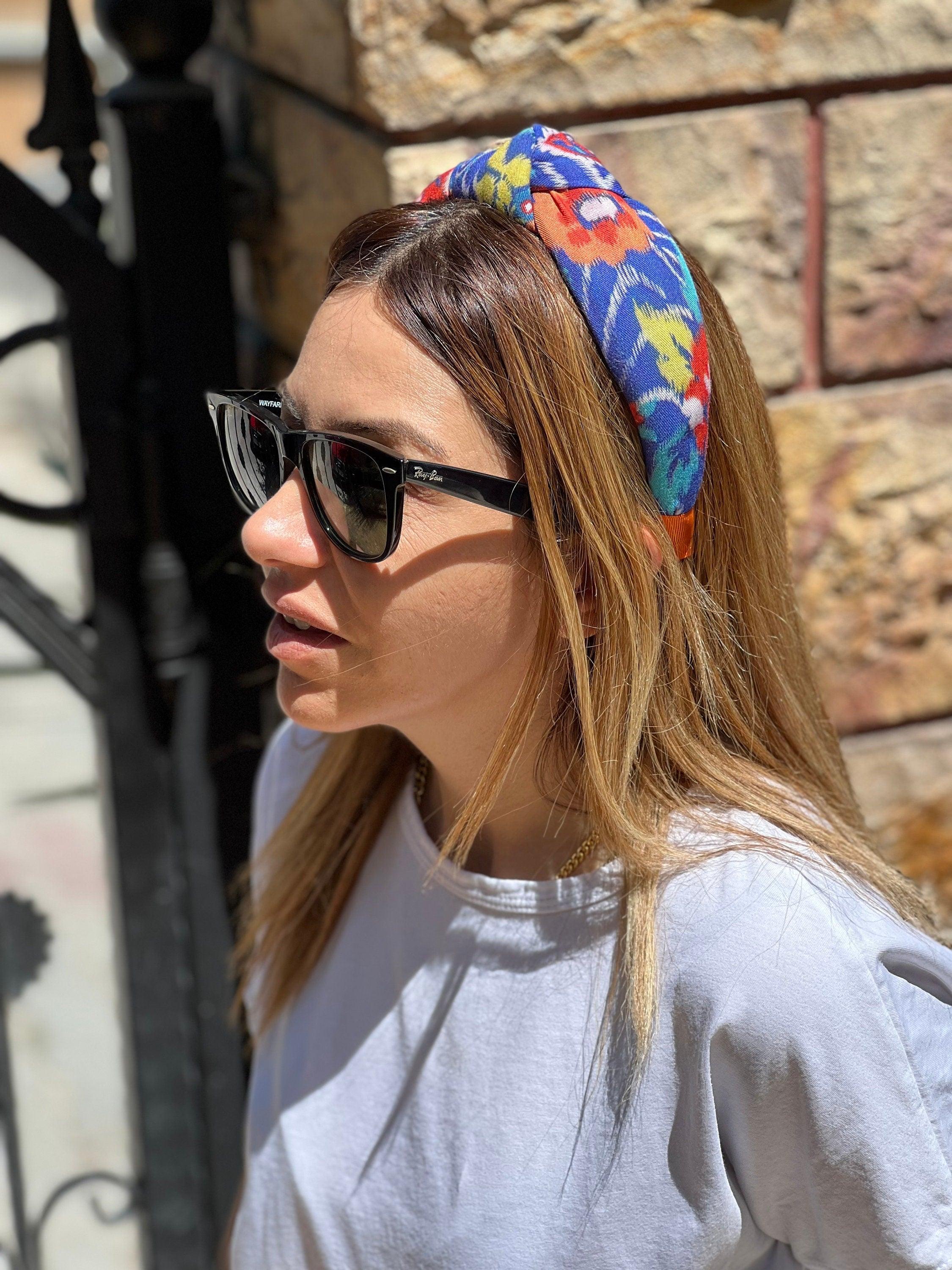 Charming Ethnic Pattern Knotted Headband in Blue, Pink, and Yellow - Wide and Stylish Women's Hairband with Cotton Padding available at Moyoni Design