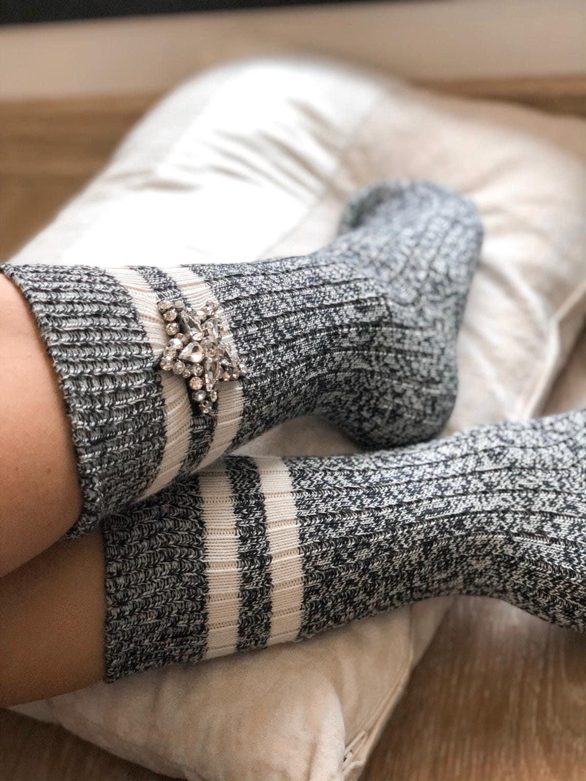 Premium Gray and White Handmade Socks with Star-Shaped Patches and Sparkling Rhinestones - Perfect for Special Occasions! available at Moyoni Design