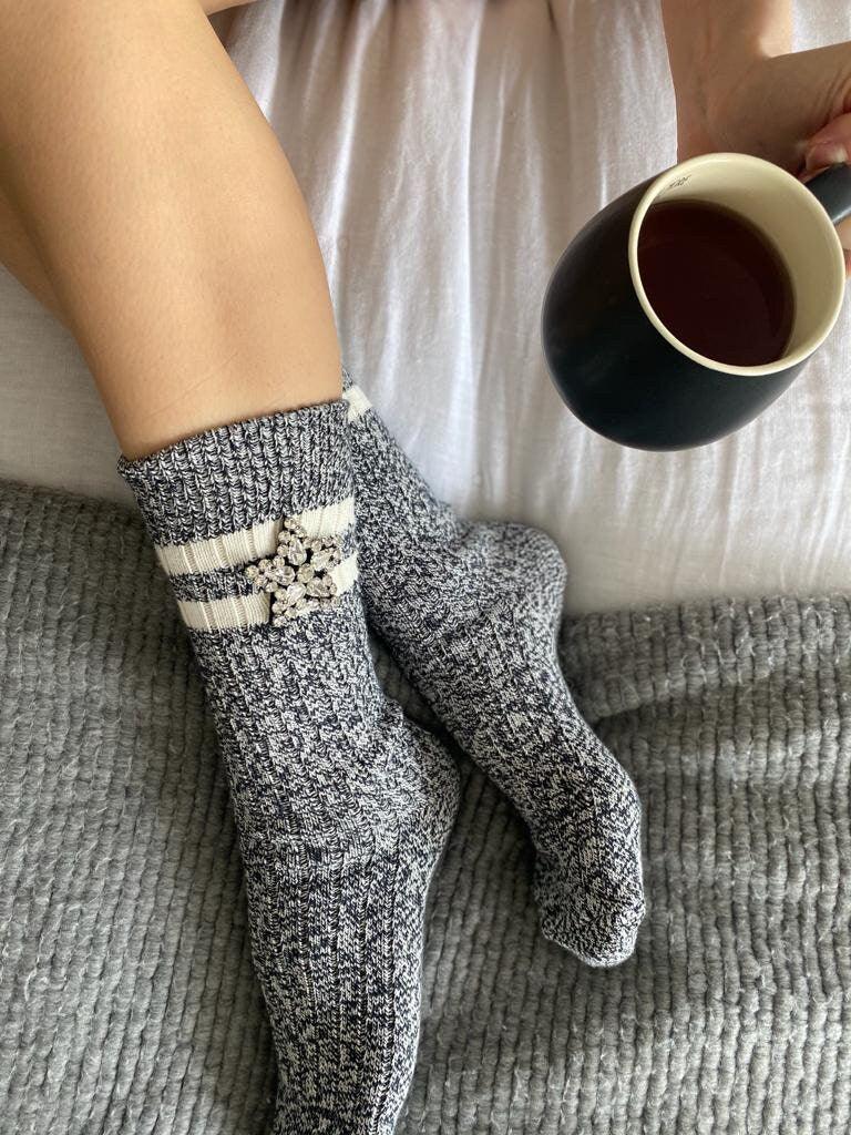 Delicate Gray and White Handmade Socks with Star-Shaped Patches and Sparkling Rhinestones - Perfect for Special Occasions! available at Moyoni Design