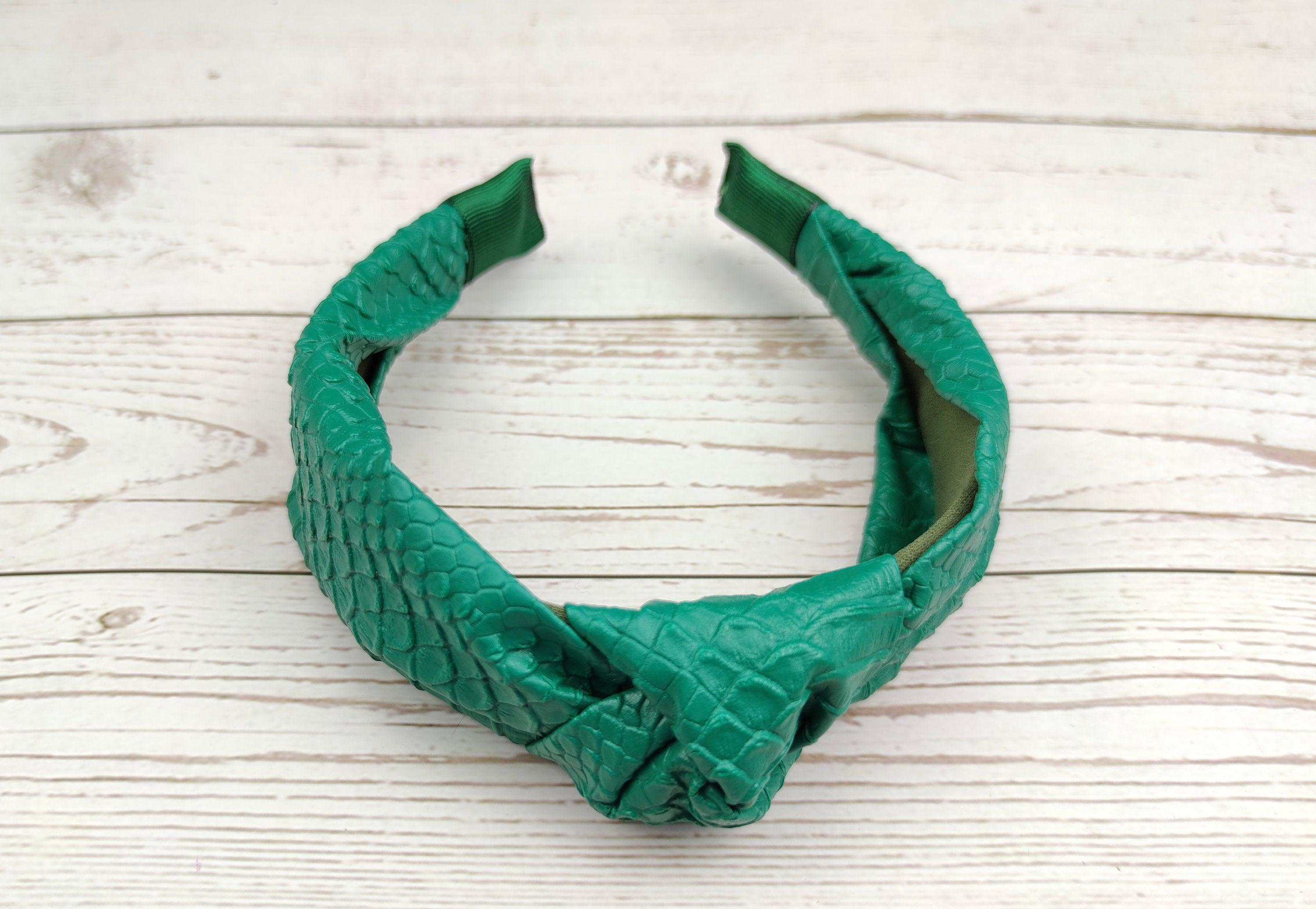 Beautiful Green Faux Leather Twist Headband with Snake Skin Pattern - Stylish and Classic Women's Hairband available at Moyoni Design