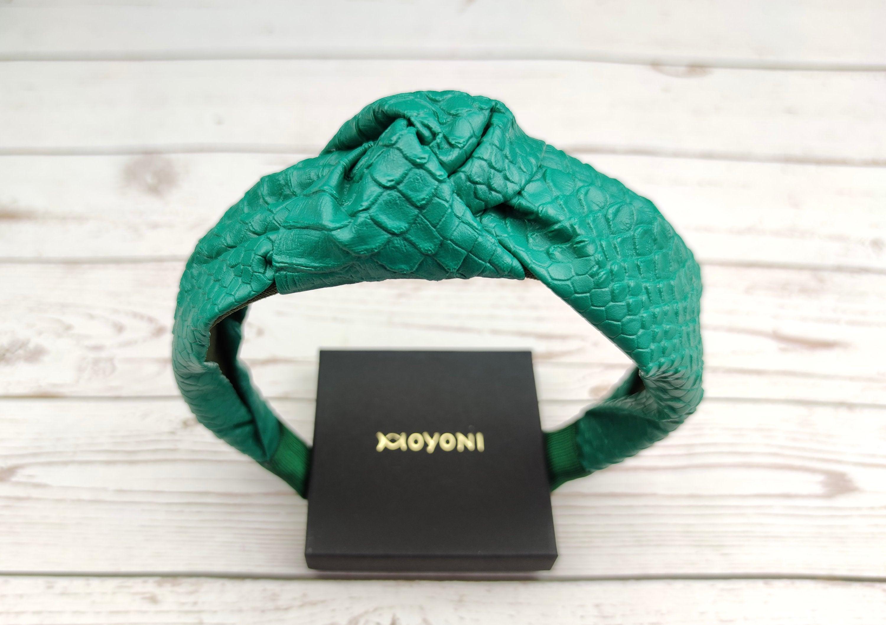 Unique Green Faux Leather Twist Headband with Snake Skin Pattern - Stylish and Classic Women's Hairband available at Moyoni Design