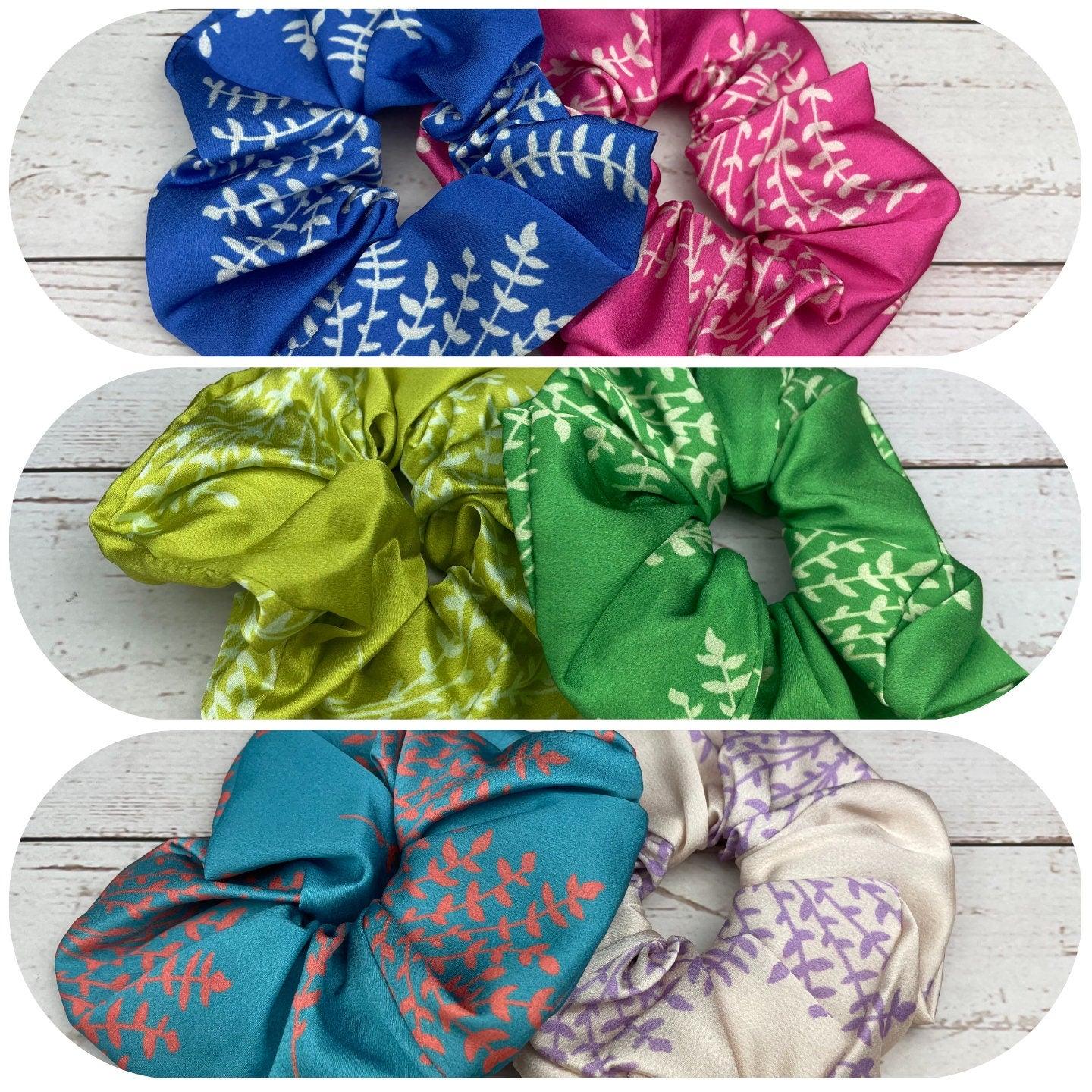 Handcrafted Handmade Colorful Satin Scrunchie with Bow, Pink Blue Green Leaf Pattern available at Moyoni Design