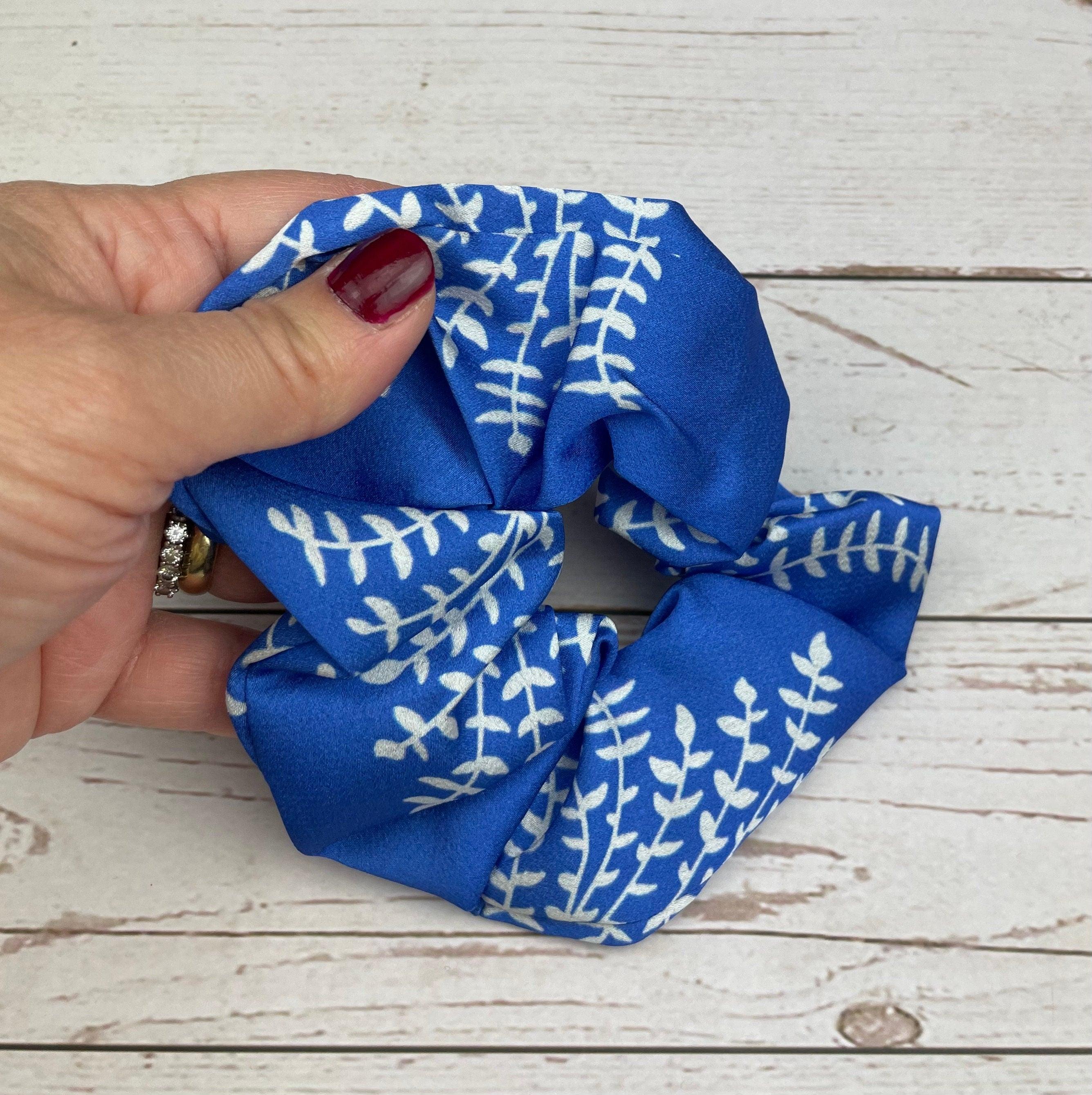 High-Quality Handmade Colorful Satin Scrunchie with Bow, Pink Blue Green Leaf Pattern available at Moyoni Design