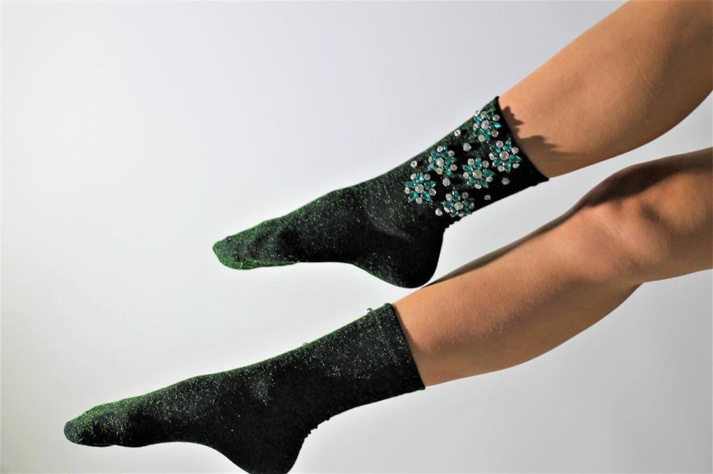 Beautiful Handmade Green Flower Glitter Socks with Trendy Patches - Sparkle and Shine with Cute Novelty Crystal Socks available at Moyoni Design