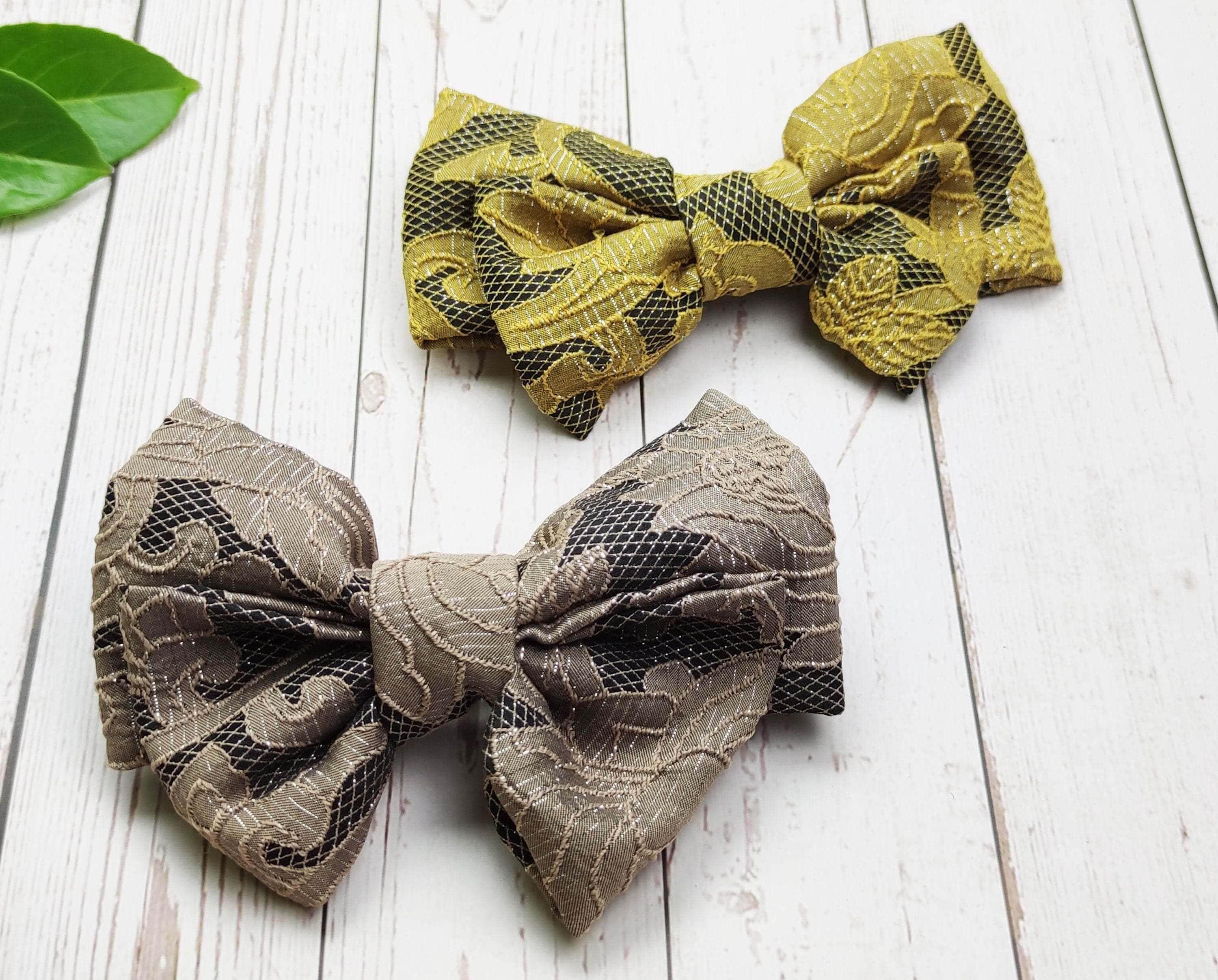 Handcrafted Handmade Guipure Lace Hair Clips with Bow - Mink and Yellow Color Hairpin, Fashionable Hair Accessory and Hair Bow Clasp available at Moyoni Design
