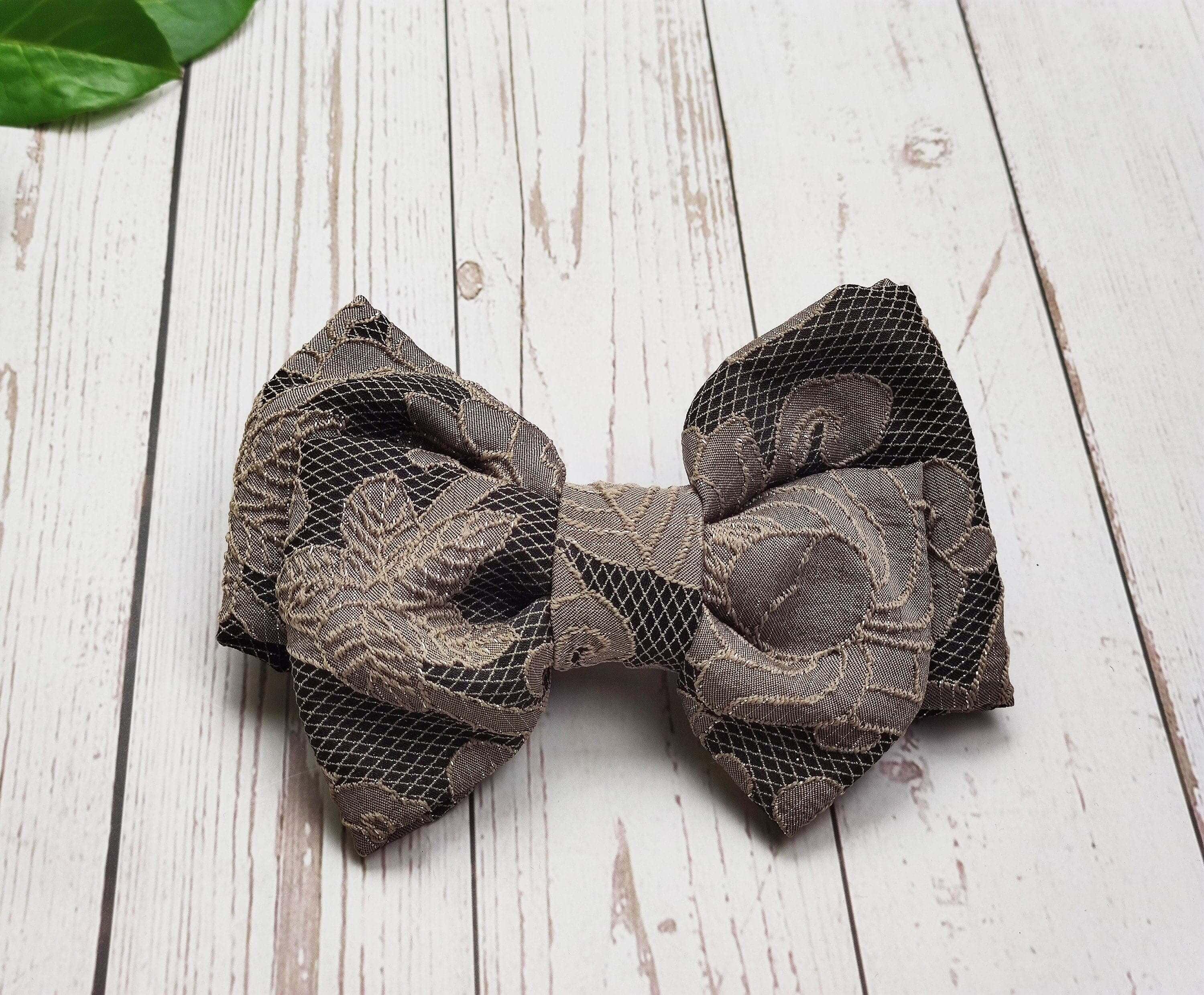 High-Quality Handmade Guipure Lace Hair Clips with Bow - Mink and Yellow Color Hairpin, Fashionable Hair Accessory and Hair Bow Clasp available at Moyoni Design