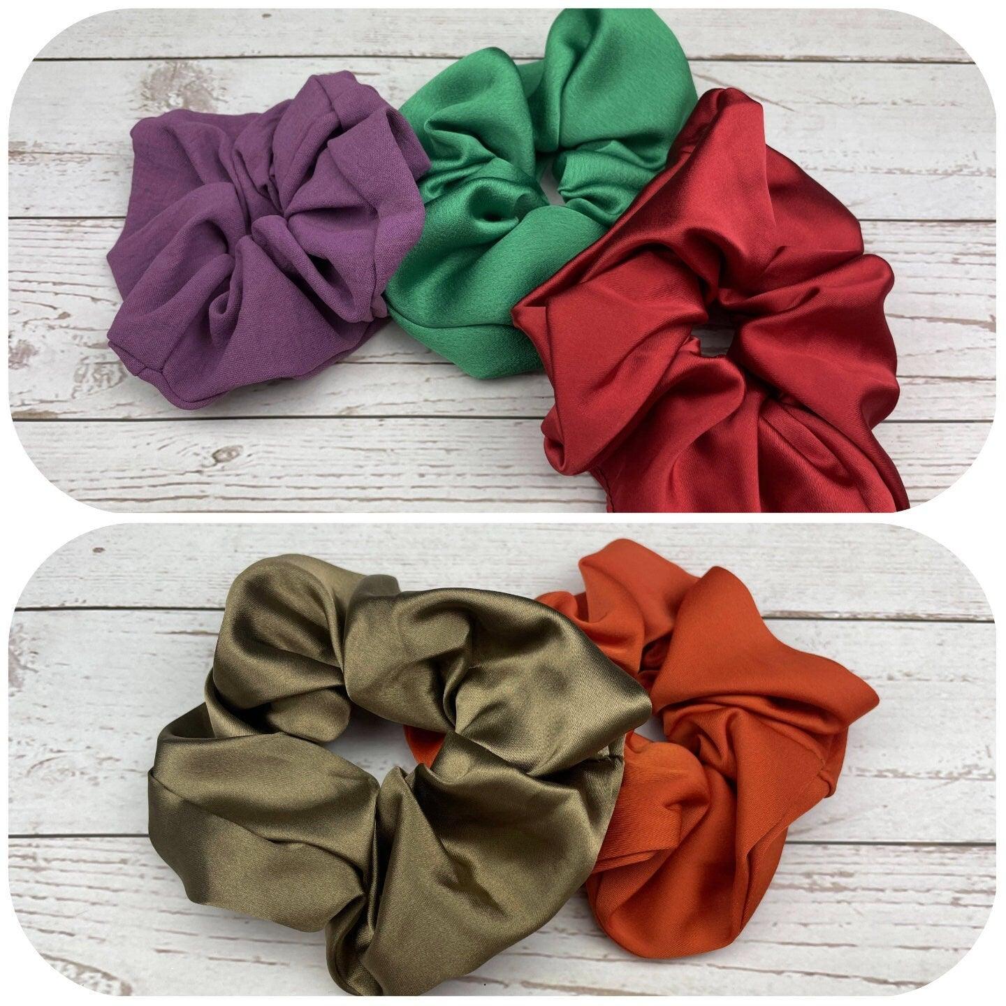 Elegant Handmade Satin Scrunchie with Bow - Colorful Pattern Hair Accessory in Green, Lilac, Red, Beige and Orange - Hair Ties and Scrunchies available at Moyoni Design