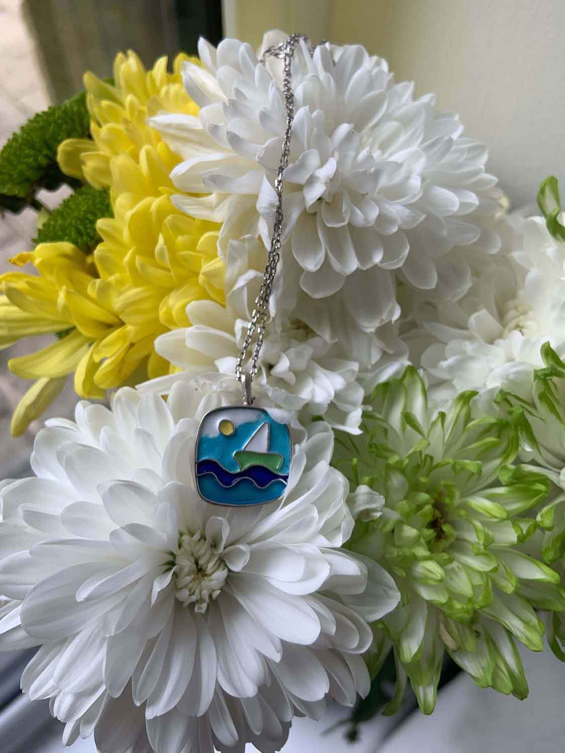 CLOISONNE HOT ENAMEL Handmade Necklace, Lucky Boat Necklace, Best Gift for Her, Love Jewelry, 925 Sterling Silver, Sea Necklace
