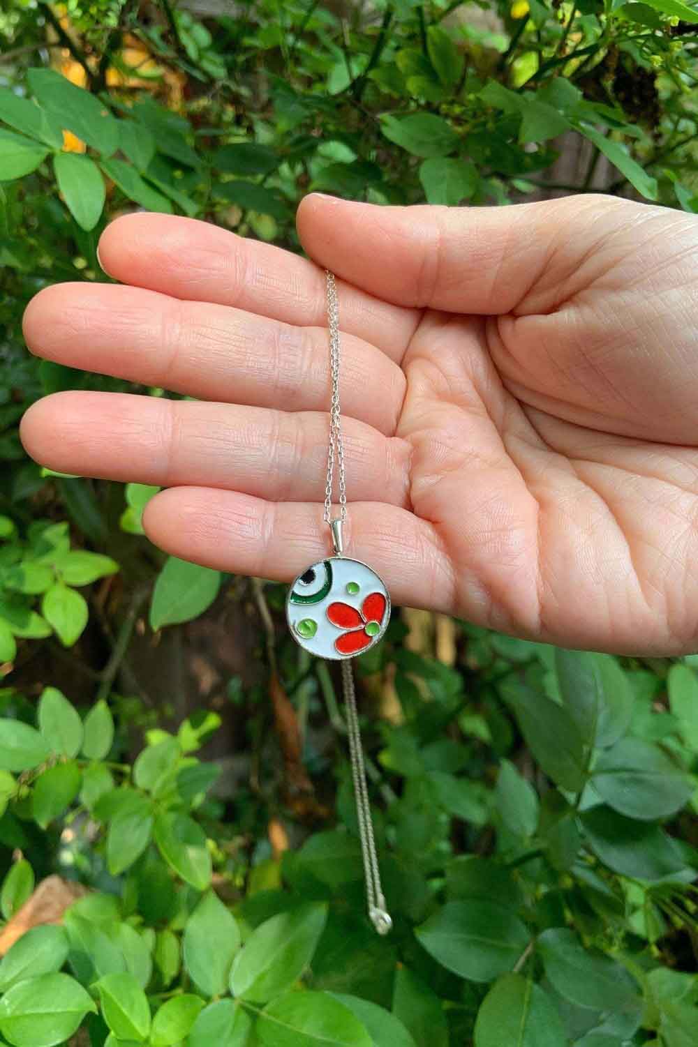 CLOISONNE ENAMEL SILVER Necklace, Floral Necklace, Personalized Gift, Love Handmade Jewelry, 925 Sterling Silver, Flower Necklace