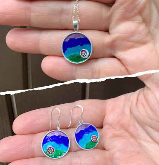 CLOISONNE ENAMEL SILVER Handmade Jewelry Set, Sea and Star Necklace and Earrings, Gift for Mom, Love Jewelry, 925 Sterling Silver