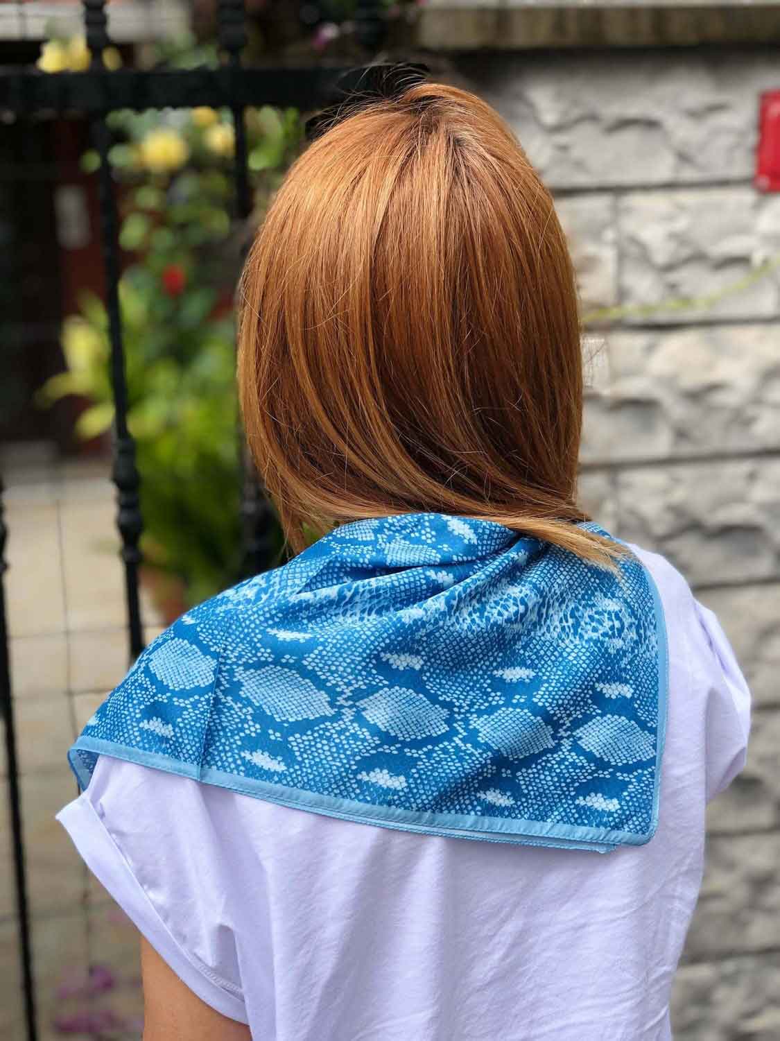 Silk Blend Scarf, Spring Scarf, Best Gift for Women, Colourful Head Scarf, Blue Honeycomb Neck Scarf