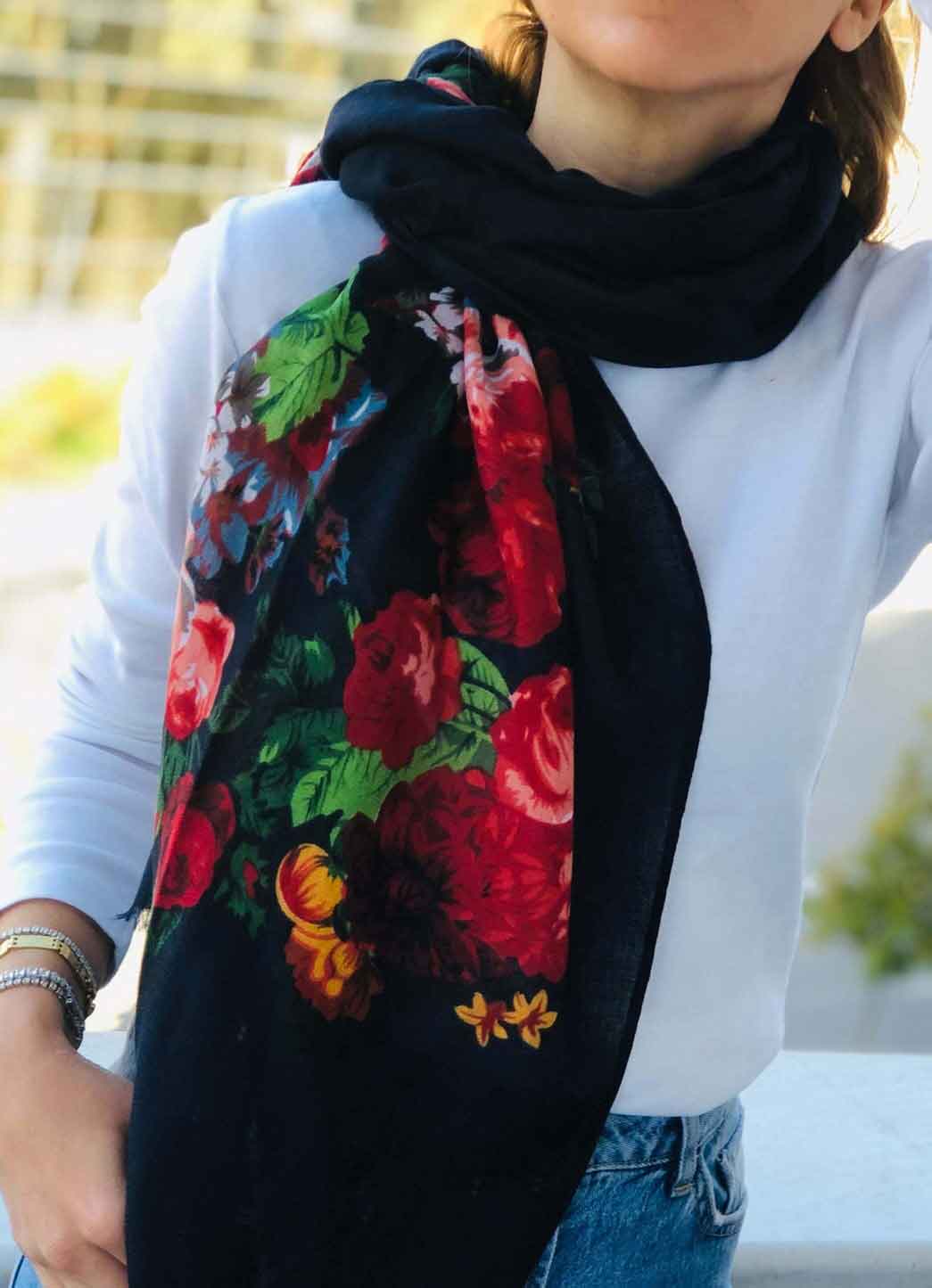 100% ORGANIC COTTON LARGE Dark Scarf, Spring Autumn Scarf, Best Gift for Women, Navy Blue and Floral with Softly Frayed Edges