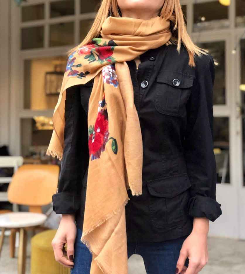 LONG 100% ORGANIC COTTON Scarf Shawl, Spring Autumn Scarf, Multicolor Scarf, Unique Floral Scarf with Softly Frayed Edges