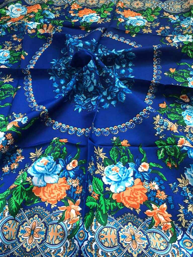 Large Cotton Scarf, Spring Autumn Scarf, Best Gift for Her, Navy Blue Orange Green Floral Scarf for Women