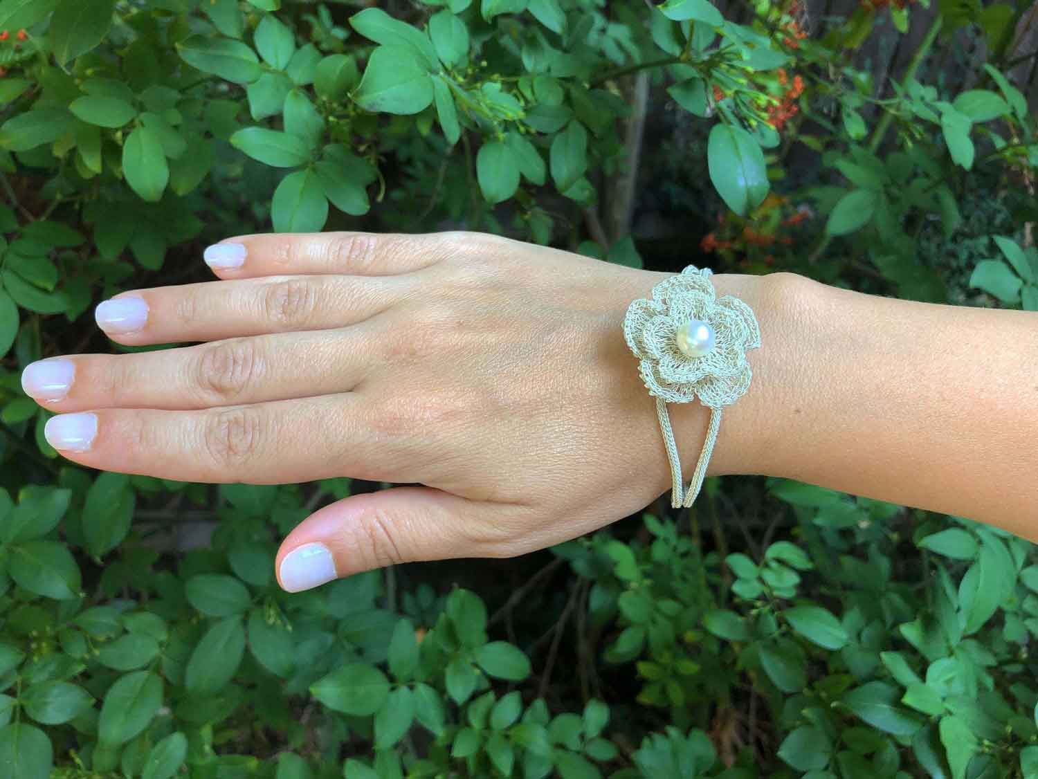 Baroque Pearl, Silver Flower Chain Bracelet, Wedding Gift for Women