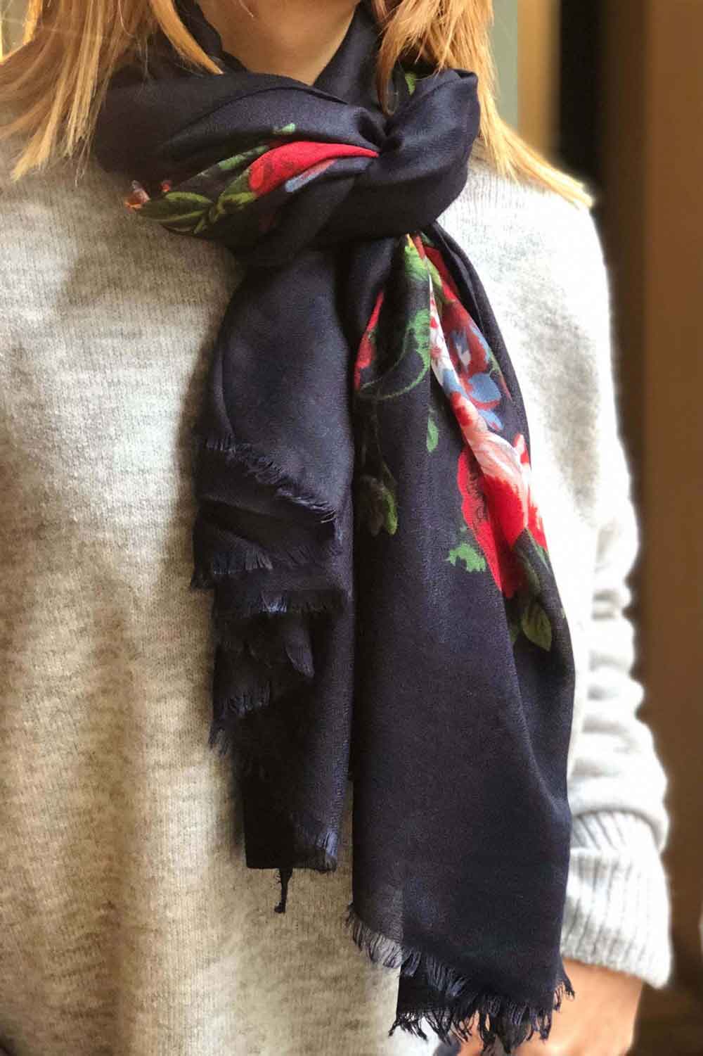 100% ORGANIC COTTON LARGE Dark Scarf, Spring Autumn Scarf, Best Gift for Women, Navy Blue and Floral with Softly Frayed Edges