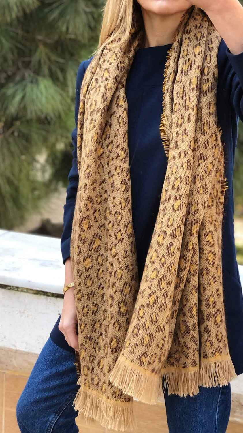 Long Wool Cotton Shawl, Spring Winter Autumn Shawl, Brown Yellow Shawl, Leopard Shawl for Women, Travel Leopard Pattern Blanket Scarf