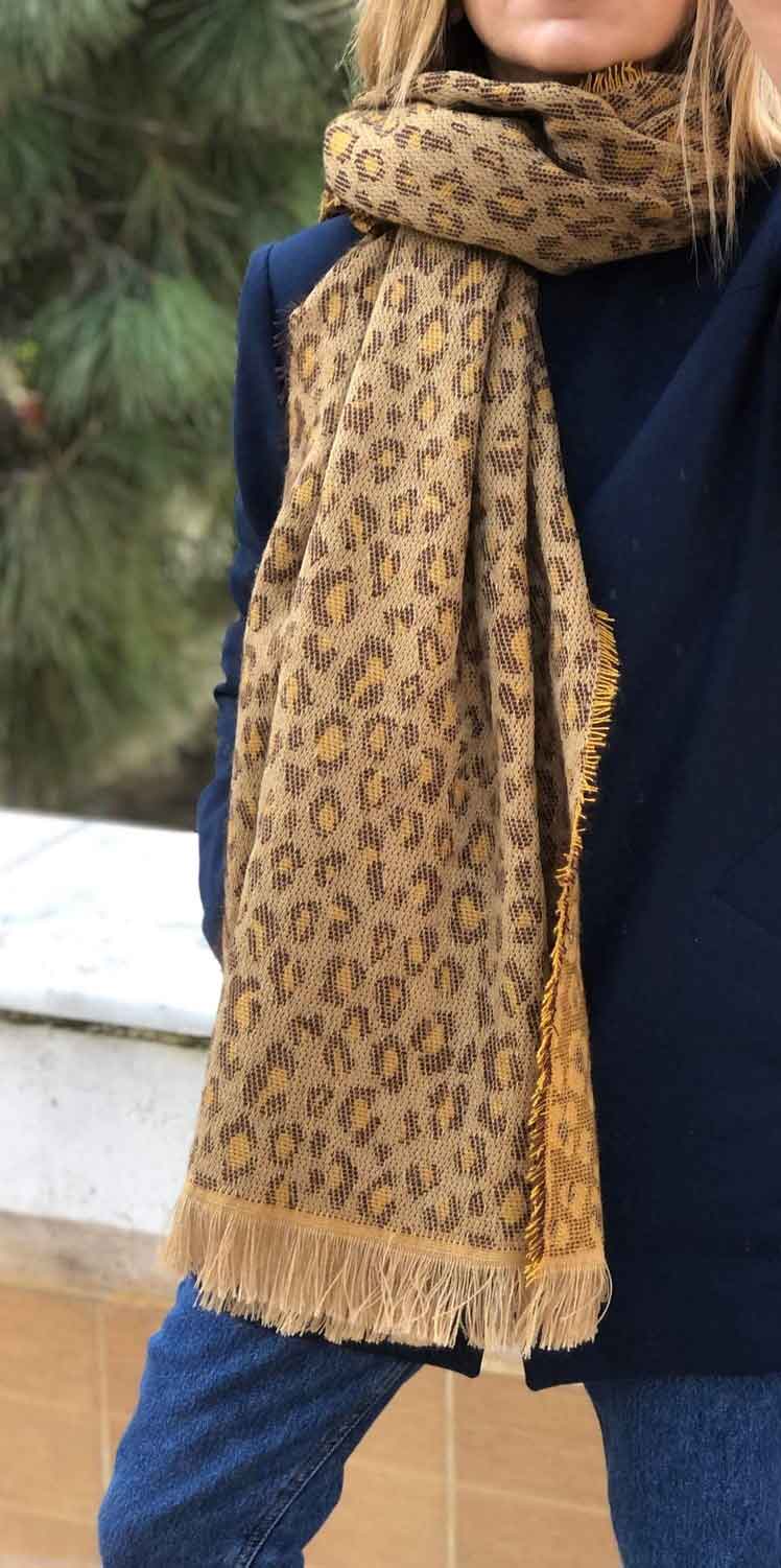 Long Wool Cotton Shawl, Spring Winter Autumn Shawl, Brown Yellow Shawl, Leopard Shawl for Women, Travel Leopard Pattern Blanket Scarf