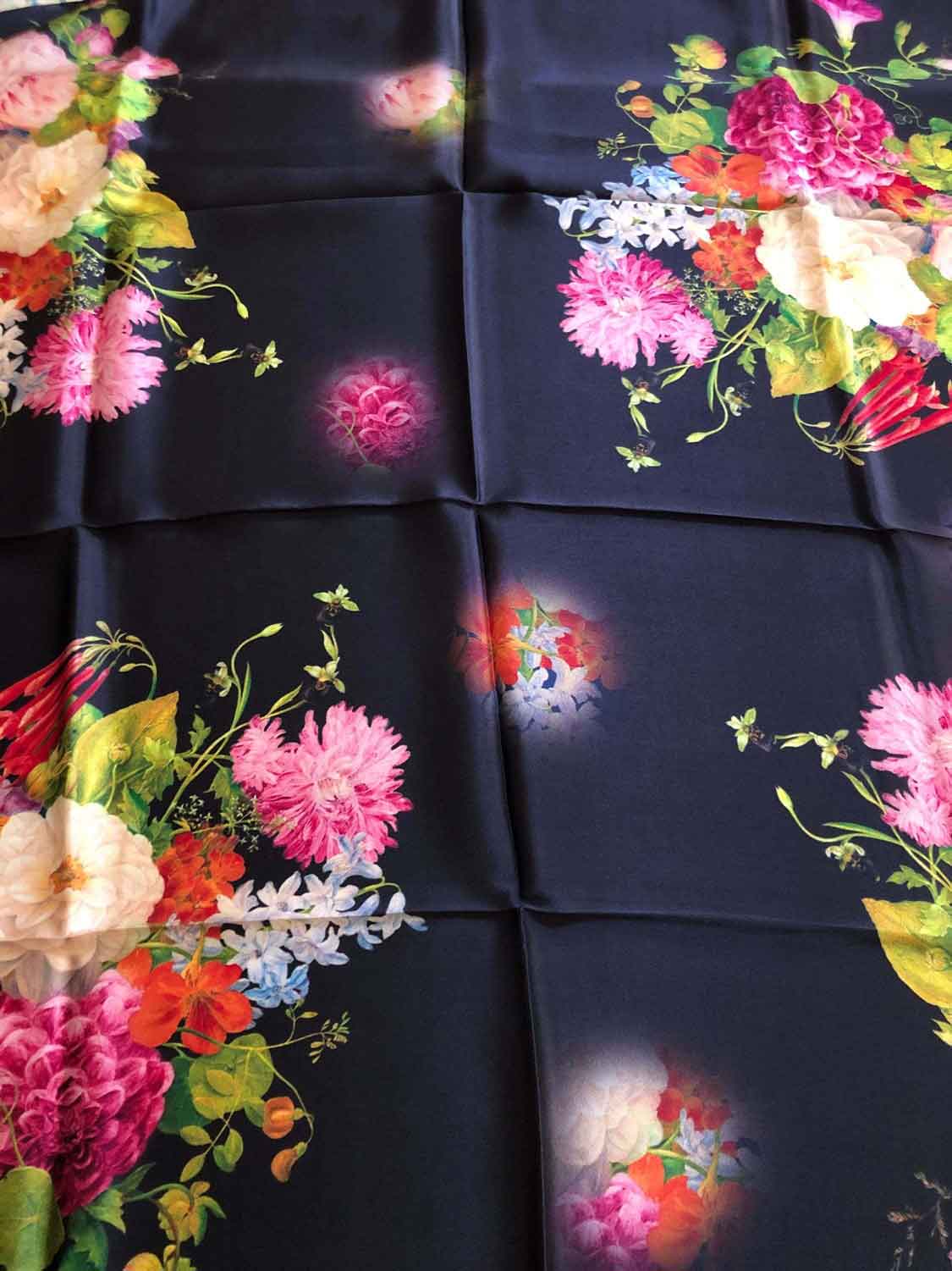 Floral Silk Scarf, Twill Silk, Spring Summer Scarf, Gift for Women, Black Pink Yellow Blue Flower Scarf