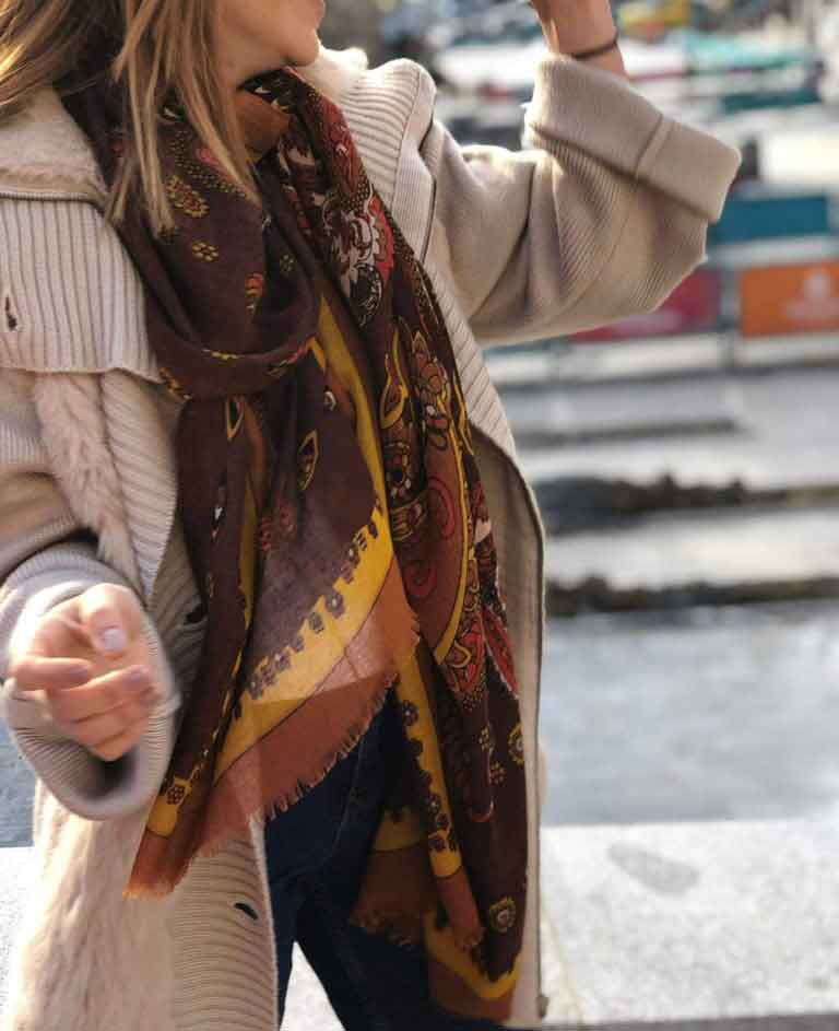 100% Cotton Scarf, Spring Autumn Scarf, Best Gift for Her, Brown Mustard Yellow Black Multicolor Soft Scarf for Women, Ethnic Pattern Shawl