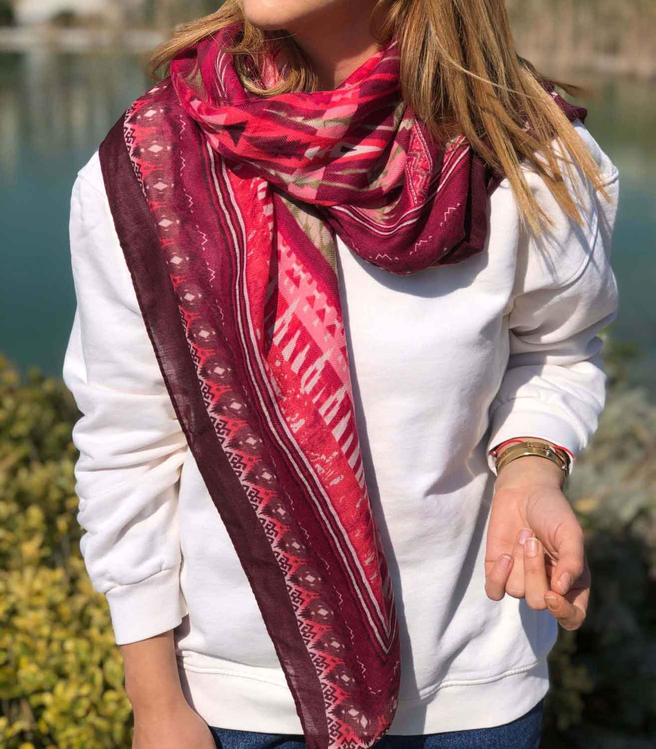 Cotton Large Square Black Scarf, Scarf for All Seasons, Best Gift for Woman, Pink and Burgundy Color Cotton Scarf with Burgundy Tassel